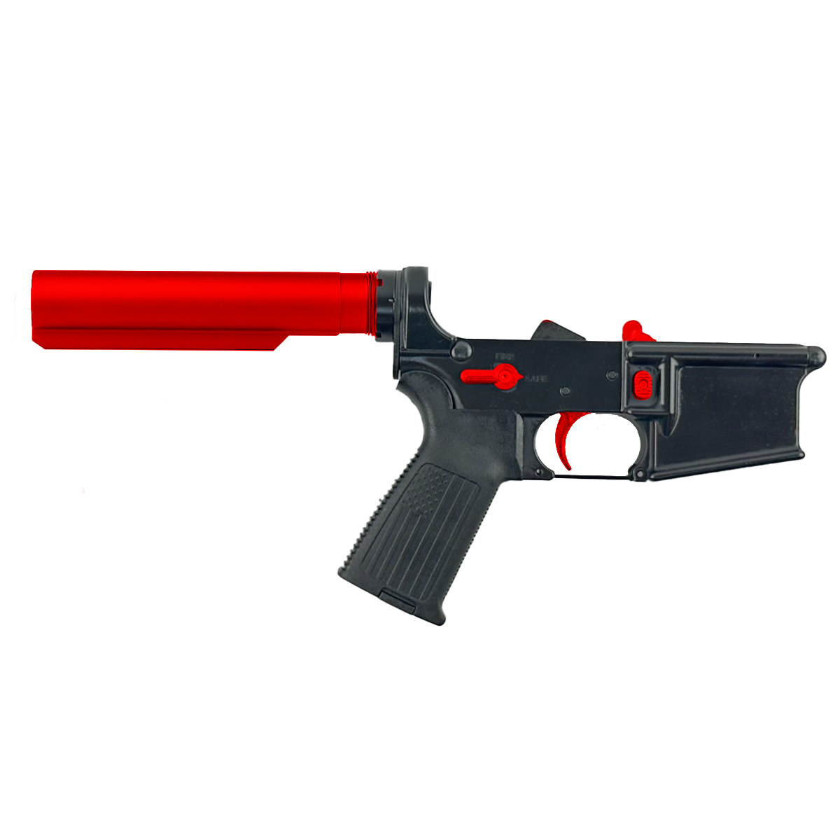 AR-15 Completed Two-Tone Lower Receiver with 6 Position Buffer Tube & Lower Parts Installed - Black and Red