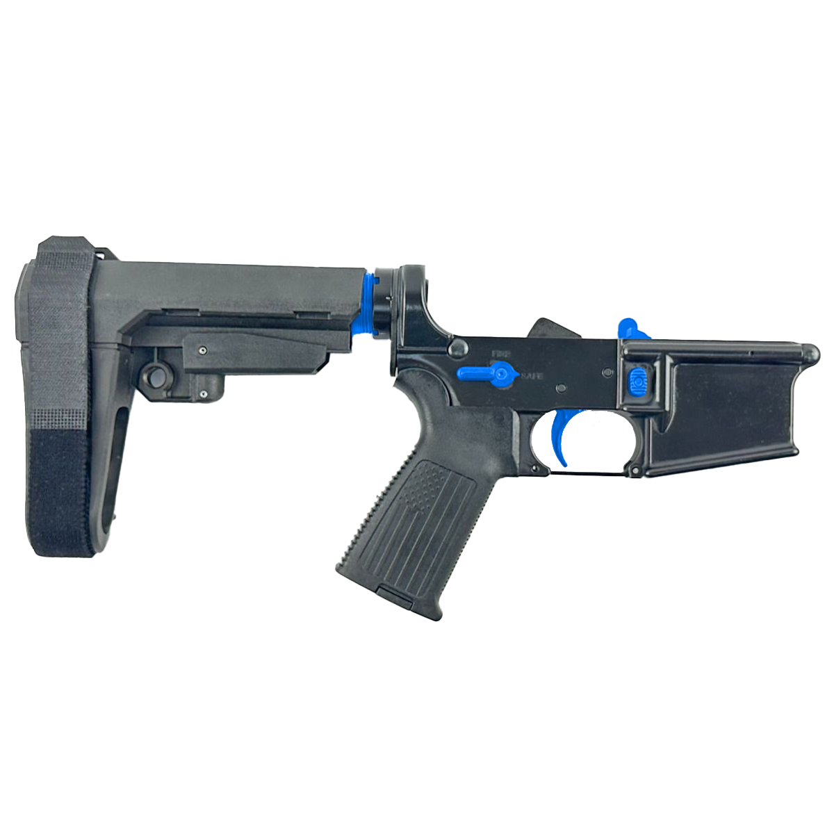 AR-15 Completed Two-Tone Lower Receiver with Adjustable SB Tactical Brace Assembly & Lower Parts Installed - Black and Flame Blue