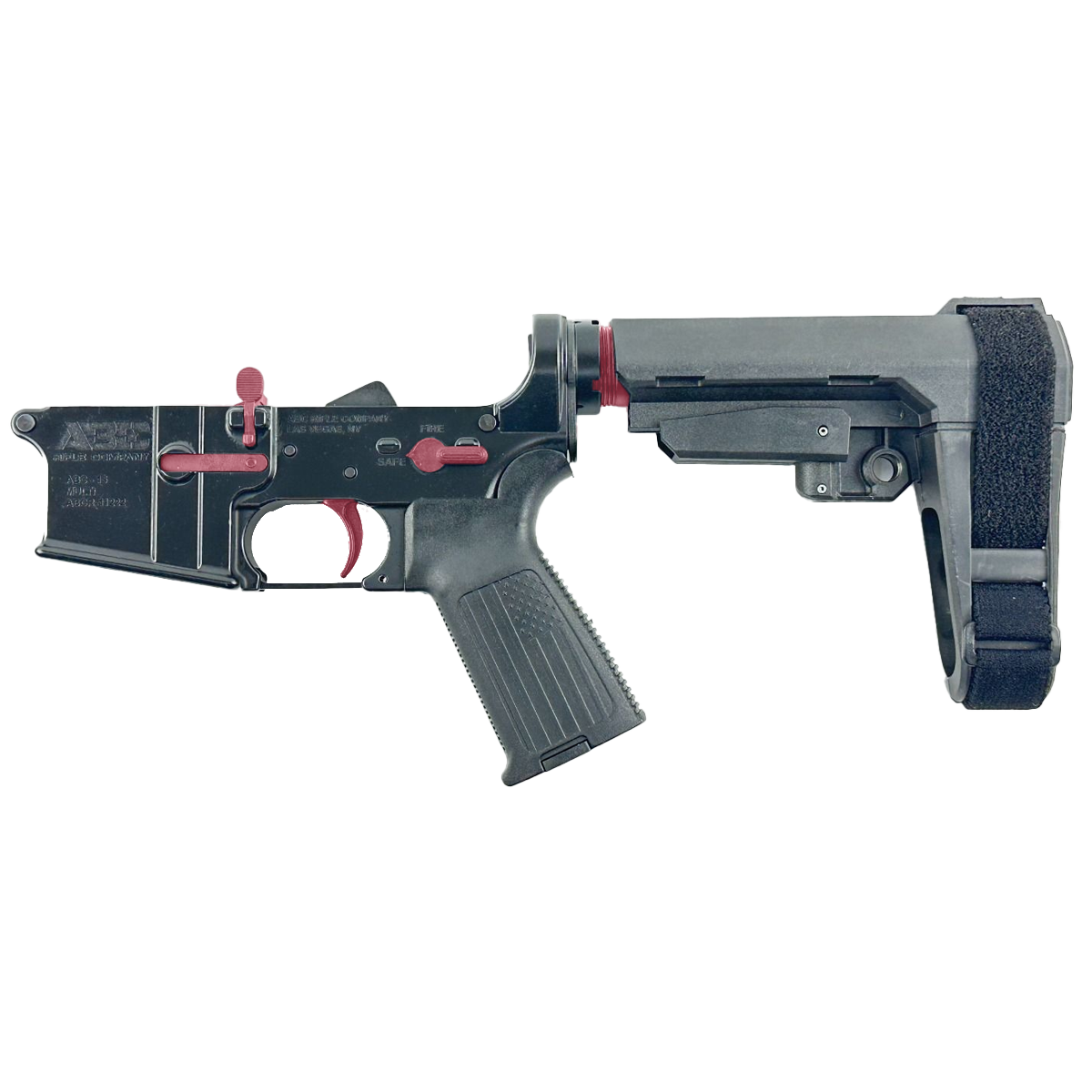 AR-15 Completed Two-Tone Lower Receiver with Adjustable SB Tactical Brace Assembly & Lower Parts Installed - Black and Cranberry Frost