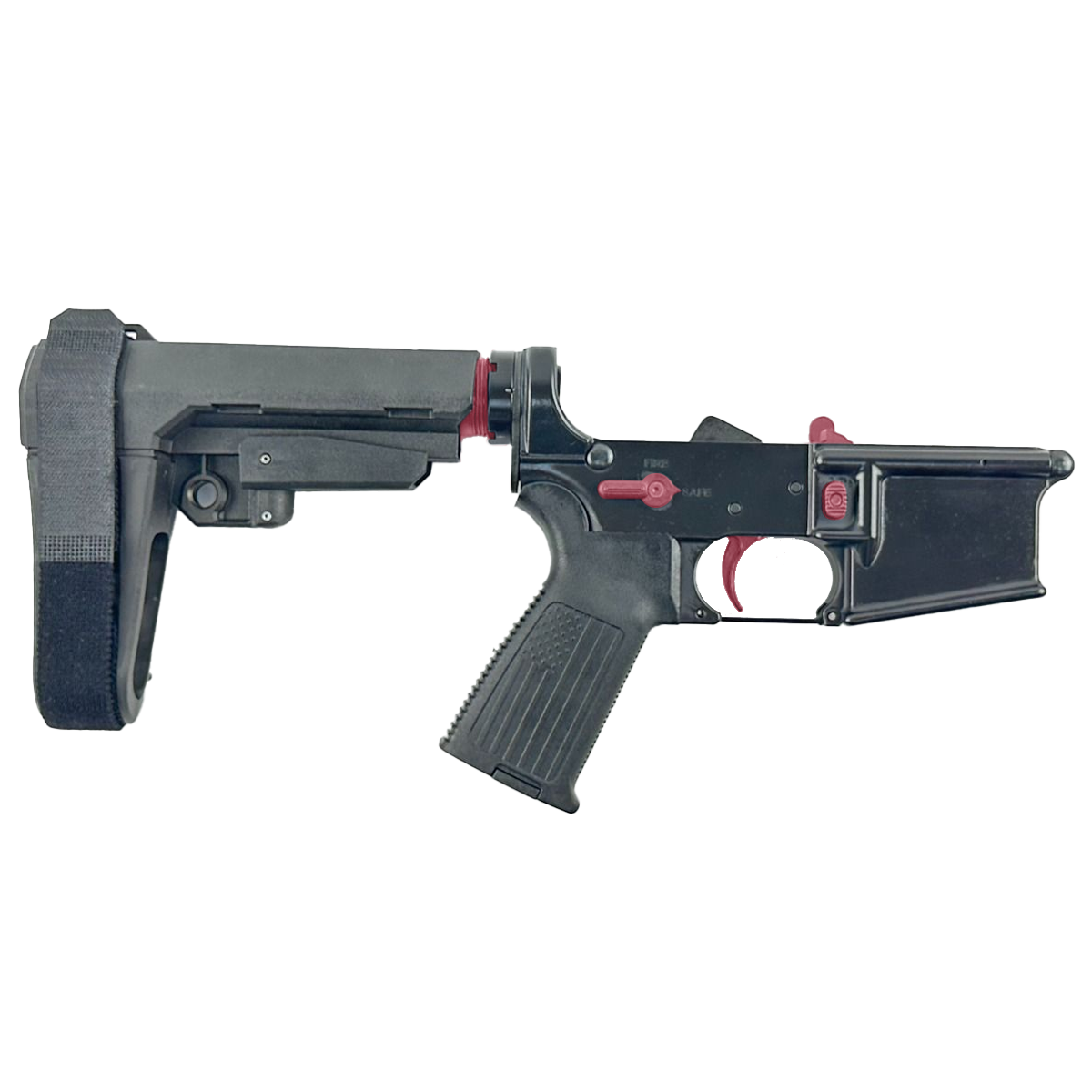 AR-15 Completed Two-Tone Lower Receiver with Adjustable SB Tactical Brace Assembly & Lower Parts Installed - Black and Cranberry Frost