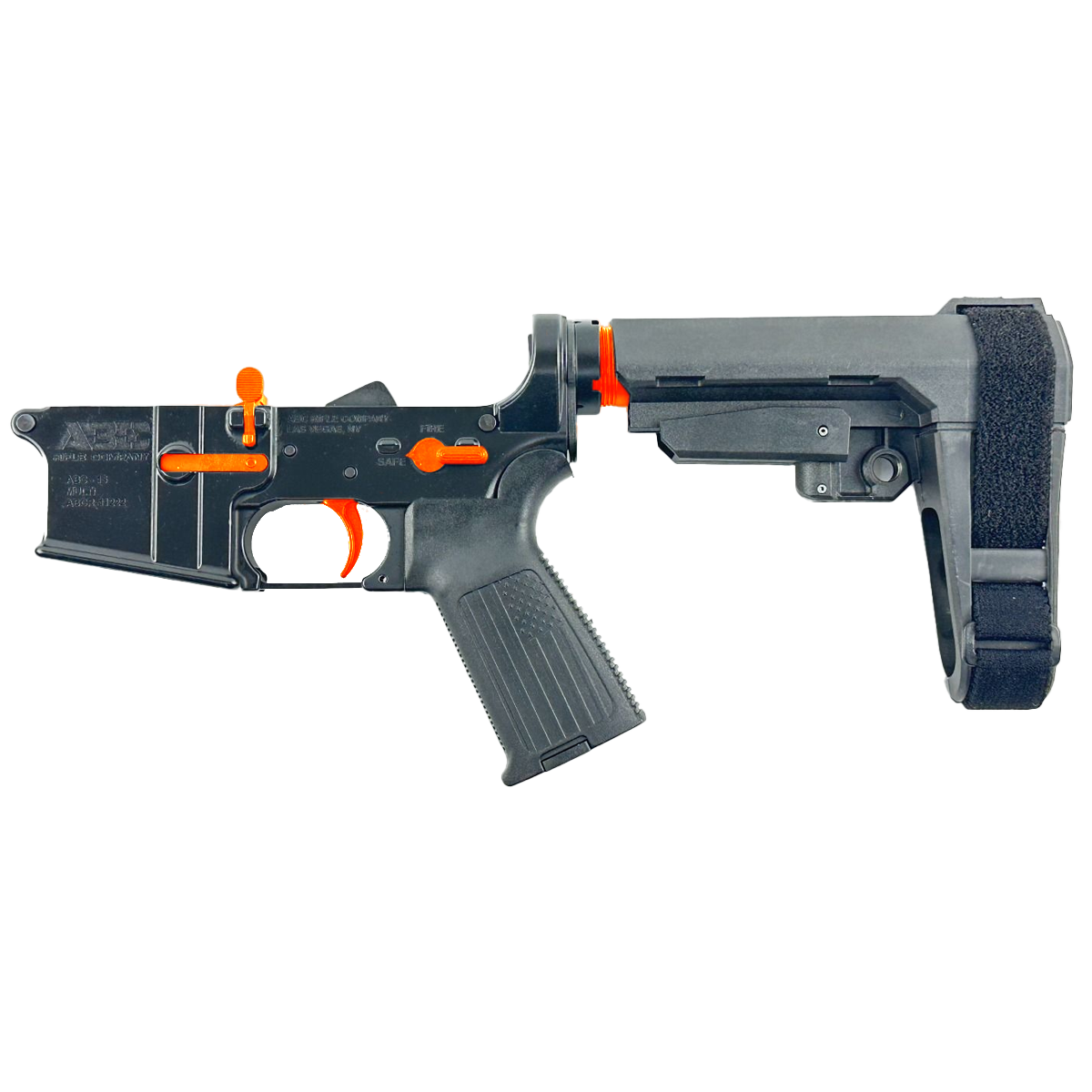 AR-15 Completed Two-Tone Lower Receiver with Adjustable SB Tactical Brace Assembly & Lower Parts Installed - Black and Hunter Orange