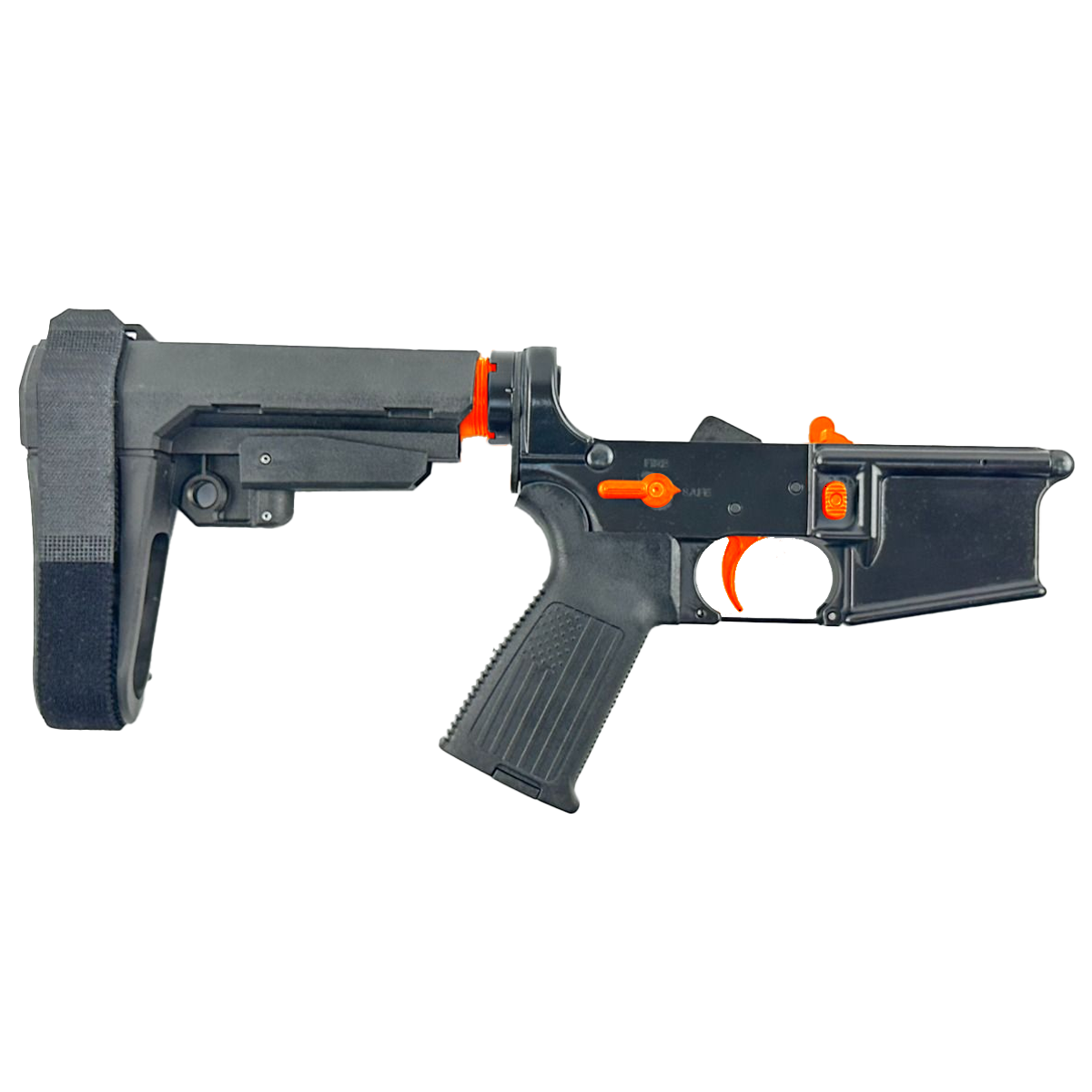 AR-15 Completed Two-Tone Lower Receiver with Adjustable SB Tactical Brace Assembly & Lower Parts Installed - Black and Hunter Orange