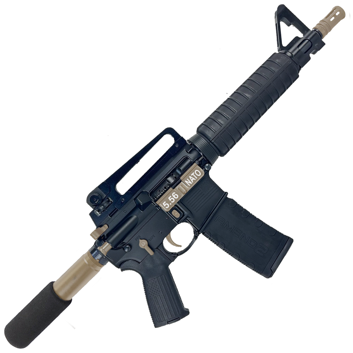AR-15 Two-Tone A2 Style Semi Auto 5.56 NATO Pistol 10" Barrel w/ Custom FSB - Black and FDE