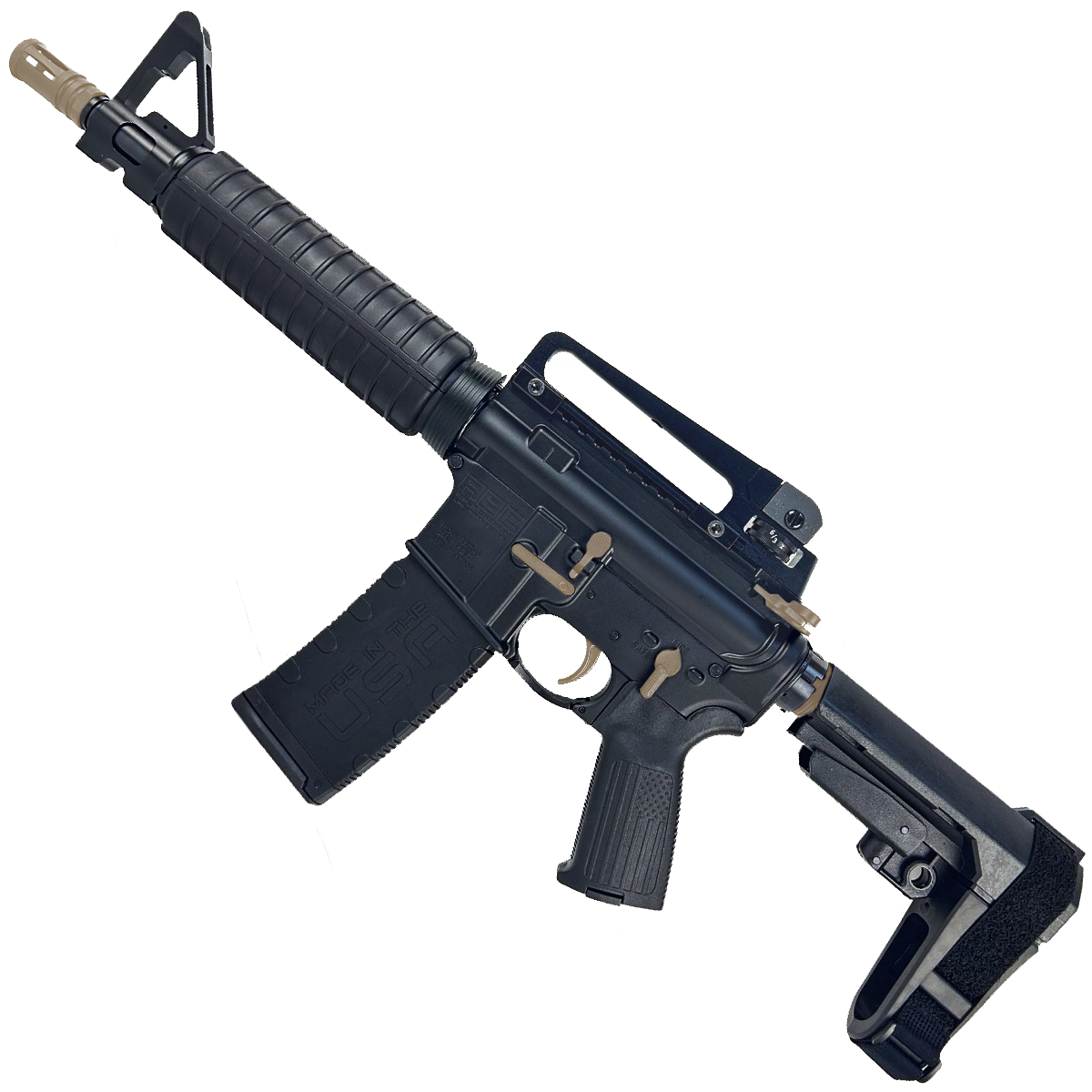 AR-15 Two-Tone A2 Style Semi Auto 5.56 NATO Pistol 10" Barrel w/ Custom FSB - Black and FDE