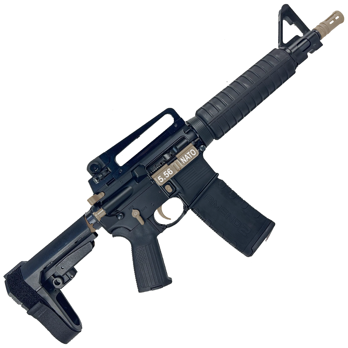 AR-15 Two-Tone A2 Style Semi Auto 5.56 NATO Pistol 10" Barrel w/ Custom FSB - Black and FDE