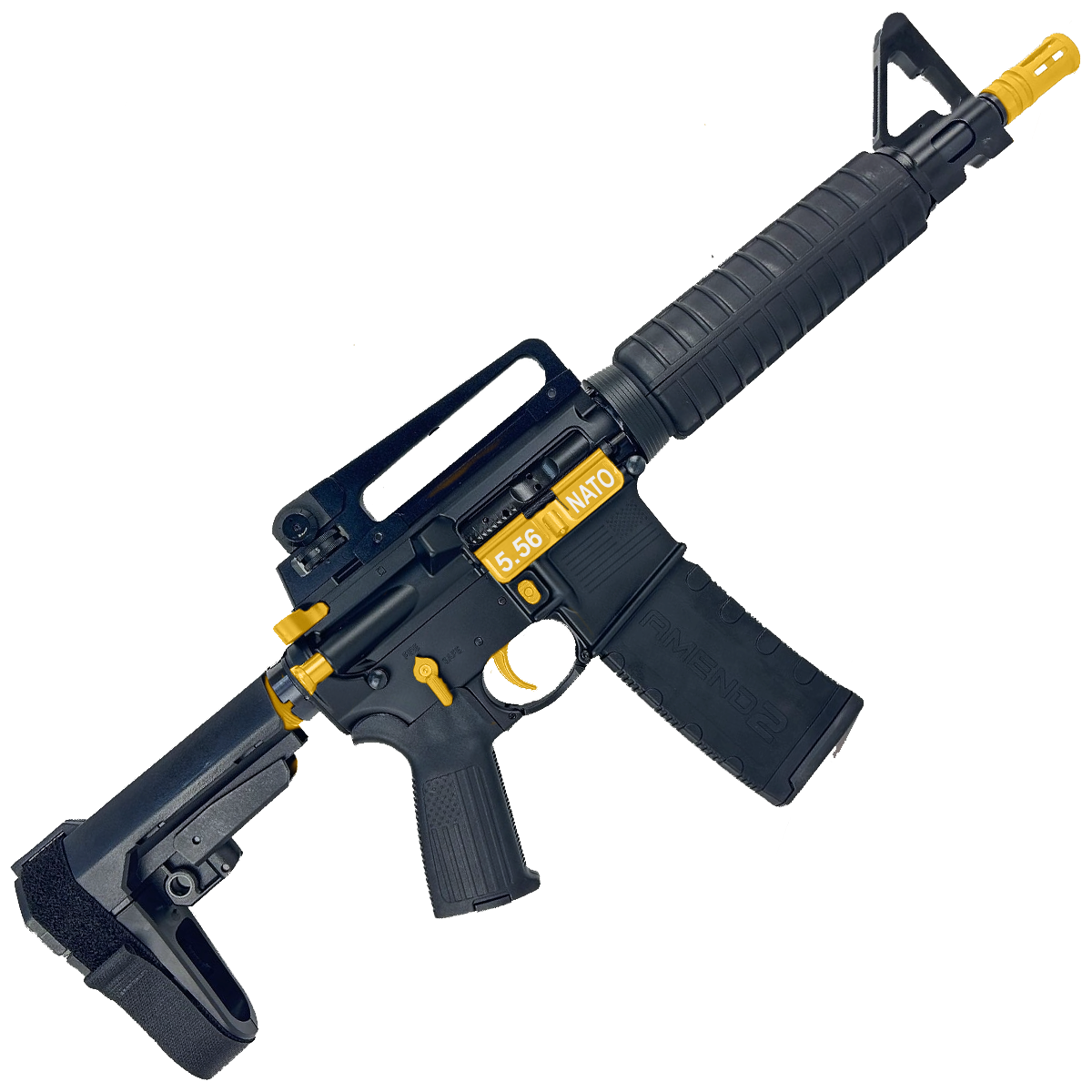 AR-15 Two-Tone A2 Style Semi Auto 5.56 NATO Pistol 10" Barrel w/ Custom FSB - Black and Gold