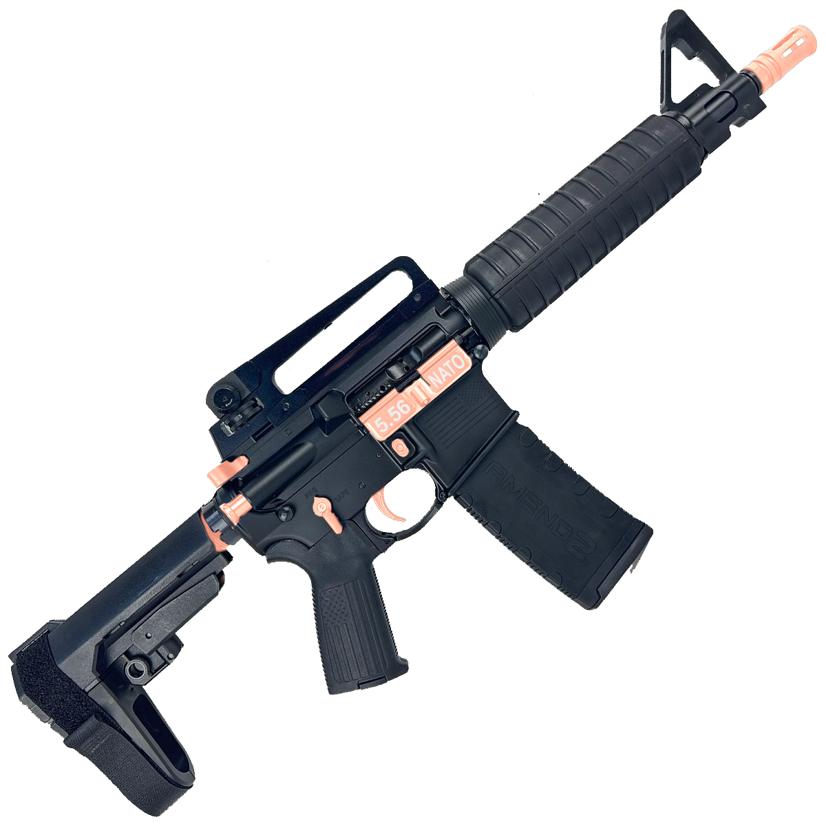 AR-15 Two-Tone A2 Style Semi Auto 5.56 NATO Pistol 10" Barrel w/ Custom FSB - Black and Rose Gold