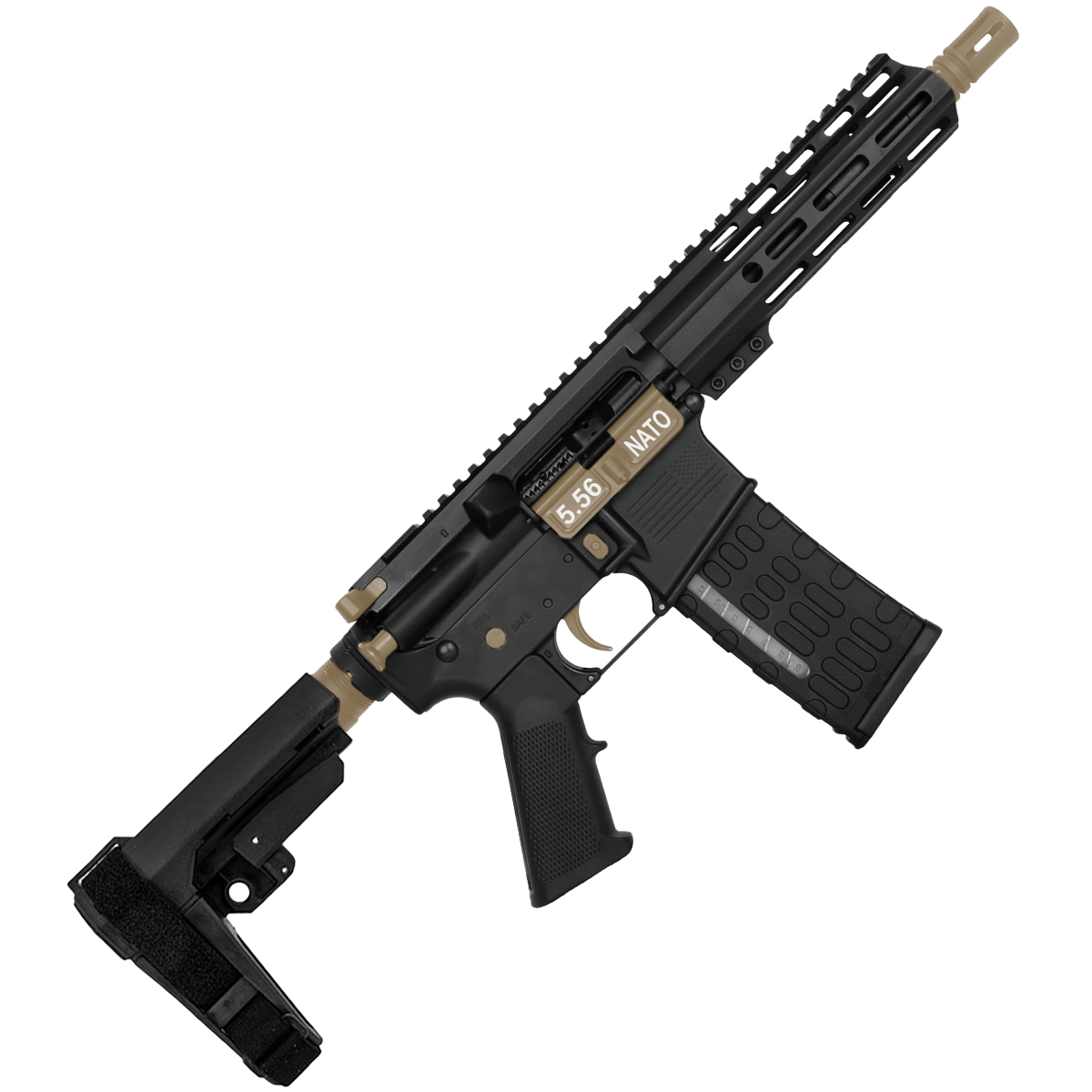 AR-15 Two-Tone Semi Auto .223 5.56 Pistol 7.5" Barrel 7" Custom D-Cut Front MLOK Handguard - Black and Magpul FDE