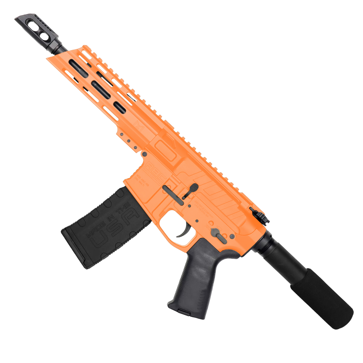 AR15 5.56 NATO Pistol Billet Upper/ Lower 7" Barrel 7" Custom Slanted M-Lok Handguard - Tequila Sunrise Orange