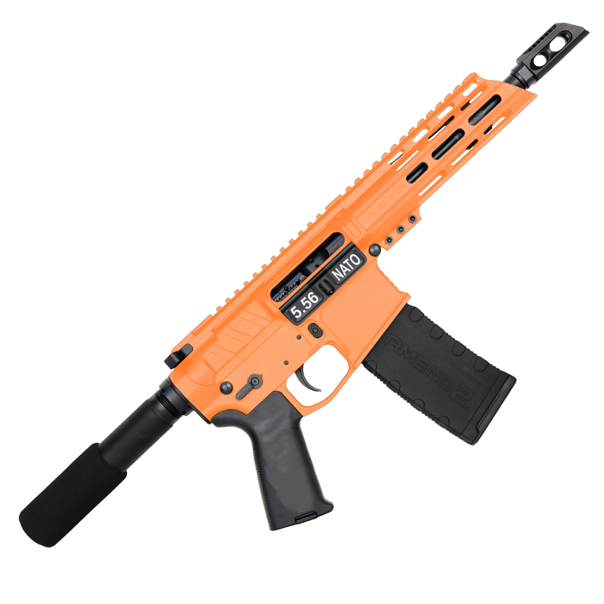 AR15 5.56 NATO Pistol Billet Upper/ Lower 7" Barrel 7" Custom Slanted M-Lok Handguard - Tequila Sunrise Orange