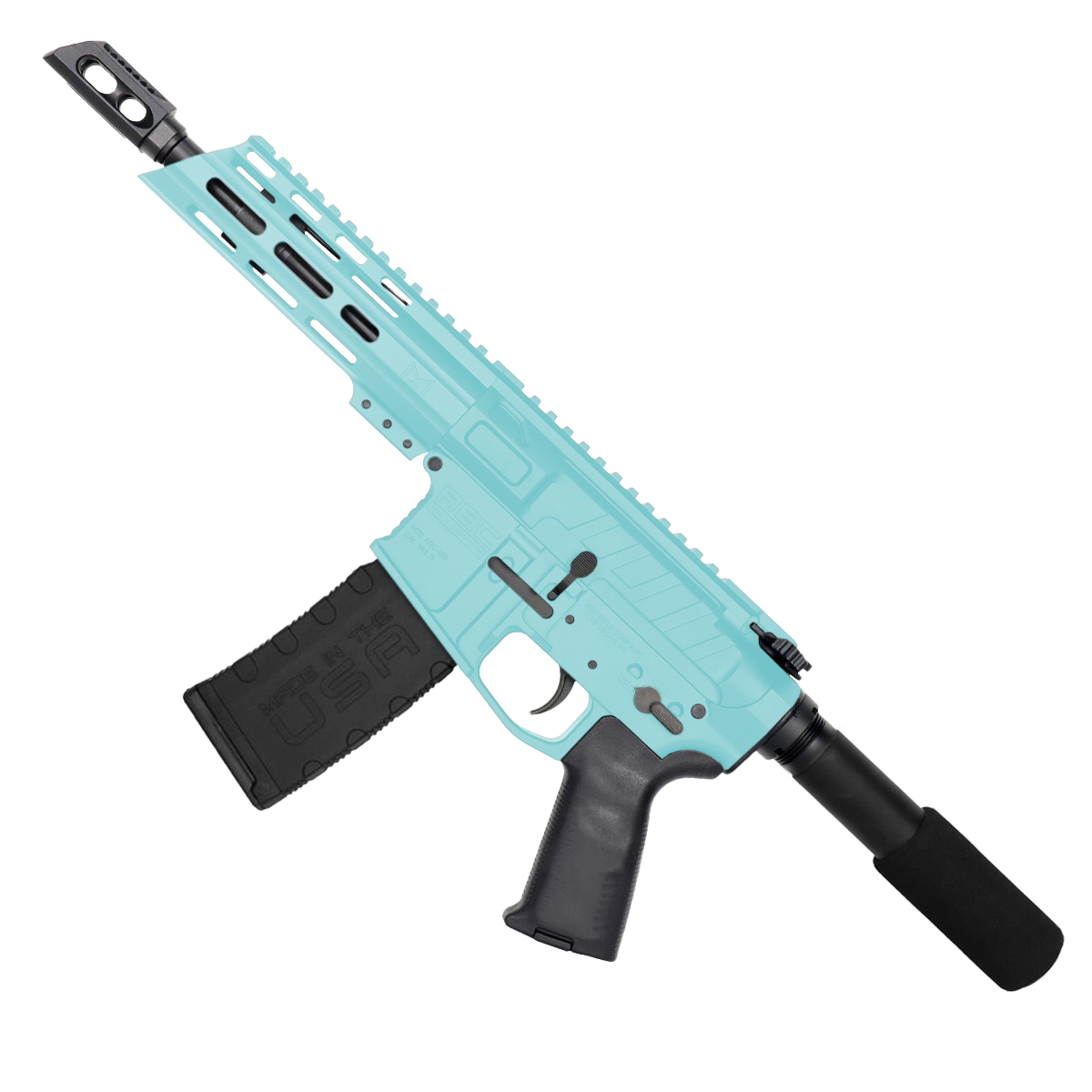 AR15 5.56 NATO Pistol Billet Upper/ Lower 7" Barrel 7" Custom Slanted M-Lok Handguard - Robins Egg Blue