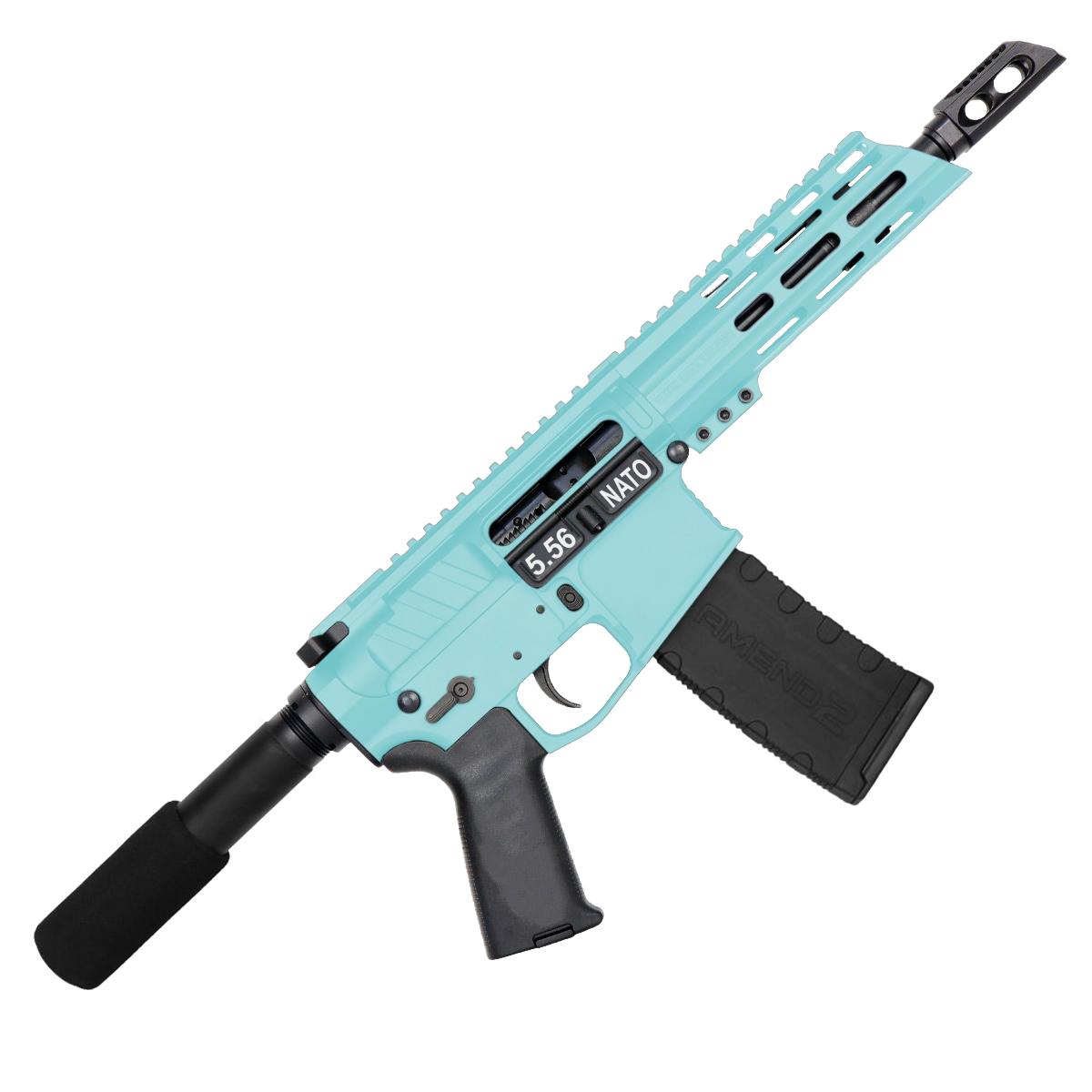 AR15 5.56 NATO Pistol Billet Upper/ Lower 7" Barrel 7" Custom Slanted M-Lok Handguard - Robins Egg Blue