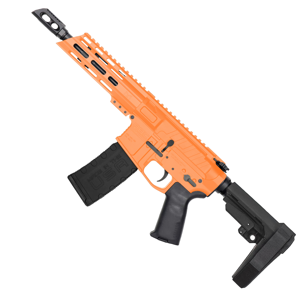 AR15 5.56 NATO Pistol Billet Upper/ Lower 7" Barrel 7" Custom Slanted M-Lok Handguard - Tequila Sunrise Orange