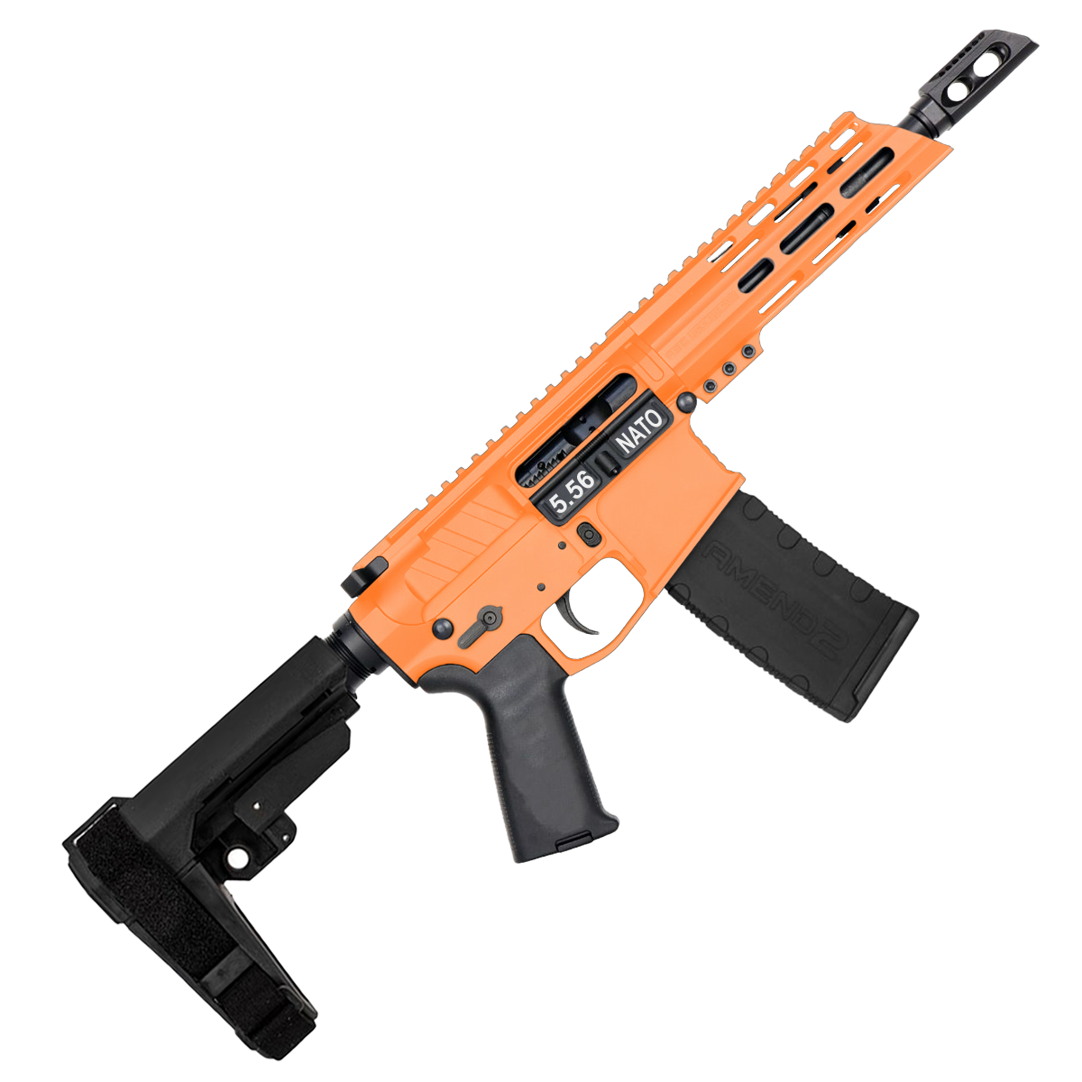 AR15 5.56 NATO Pistol Billet Upper/ Lower 7" Barrel 7" Custom Slanted M-Lok Handguard - Tequila Sunrise Orange