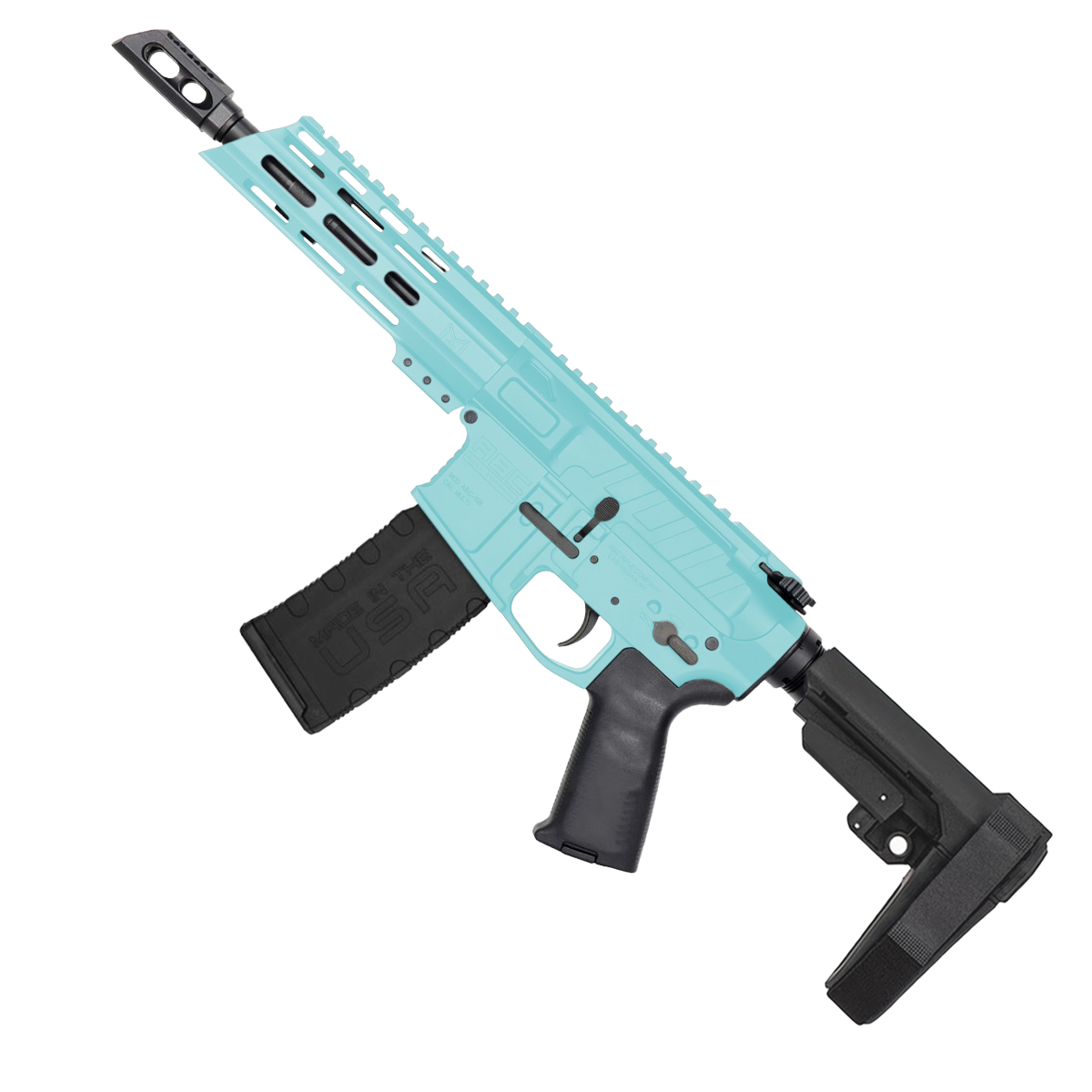 AR15 5.56 NATO Pistol Billet Upper/ Lower 7" Barrel 7" Custom Slanted M-Lok Handguard - Robins Egg Blue