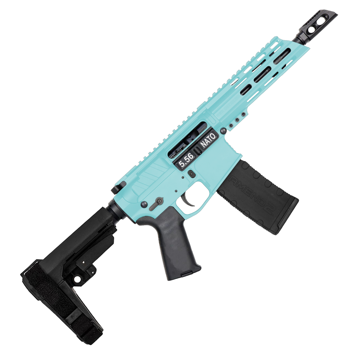 AR15 5.56 NATO Pistol Billet Upper/ Lower 7" Barrel 7" Custom Slanted M-Lok Handguard - Robins Egg Blue