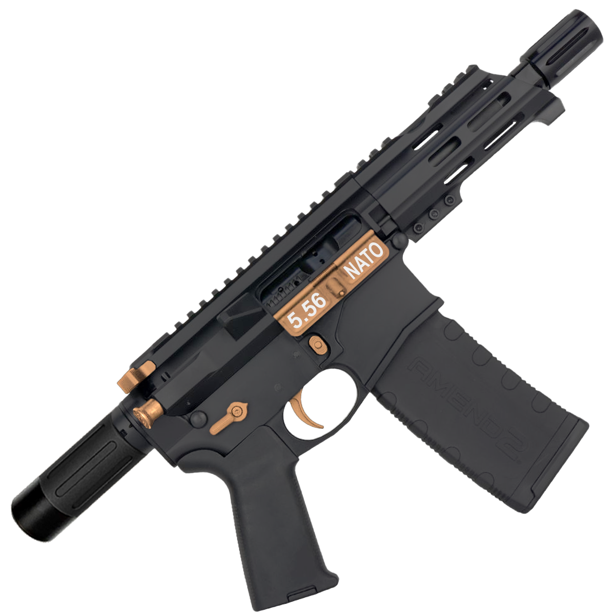 AR15 Micro Two-Tone 556 NATO Pistol Billet Upper/ Lower 5" Barrel Custom M-Lok Handguard with Micro Buffer Tube - Burnt Bronze