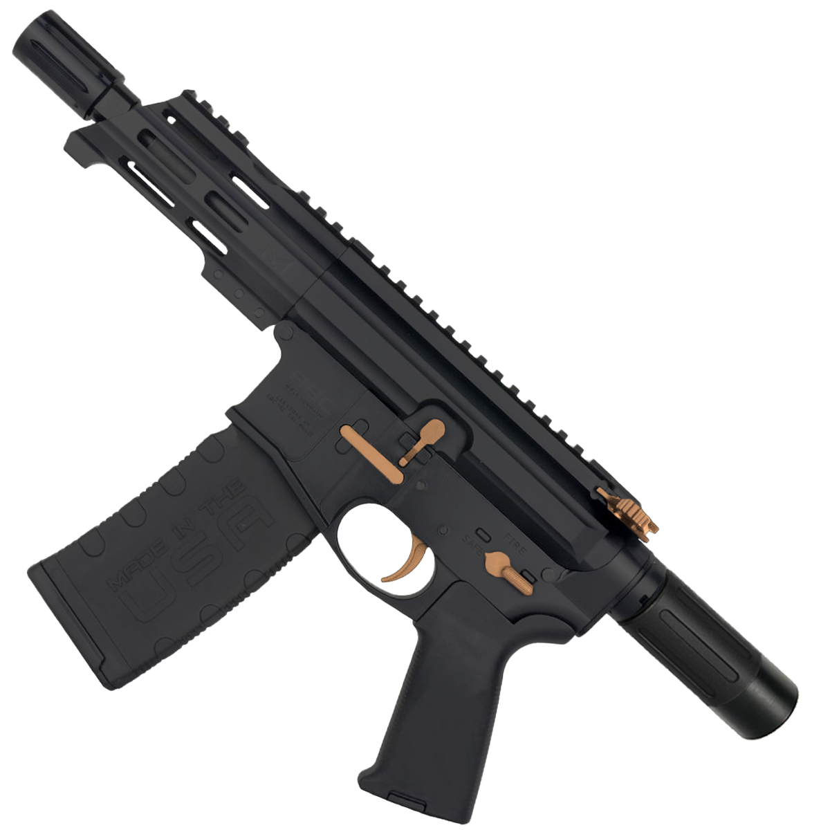 AR15 Micro Two-Tone 556 NATO Pistol Billet Upper/ Lower 5" Barrel Custom M-Lok Handguard with Micro Buffer Tube - Burnt Bronze