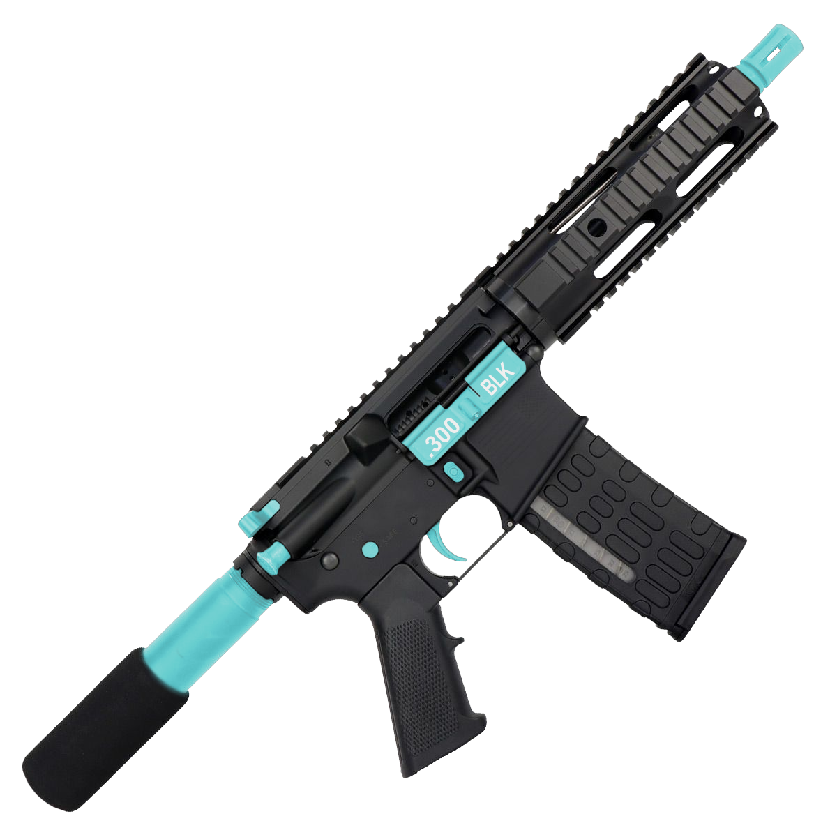 AR-15 Two-Tone Semi Auto .300 Blackout Tactical Pistol 7.5" Barrel 7" Quad Rail - Black and Robins Egg Blue