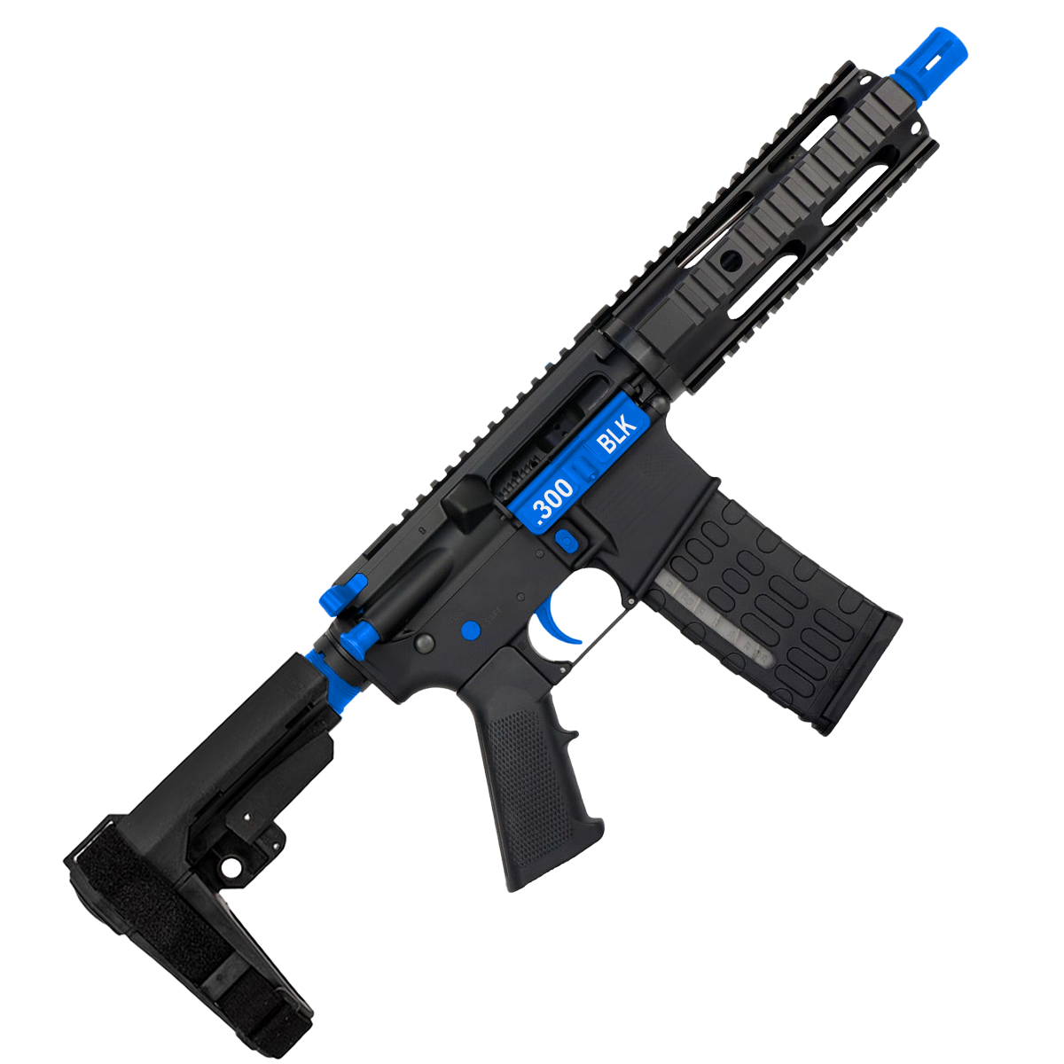 AR-15 Two-Tone Semi Auto .300 Blackout Tactical Pistol 7.5" Barrel 7" Quad Rail - Black and Flame Blue