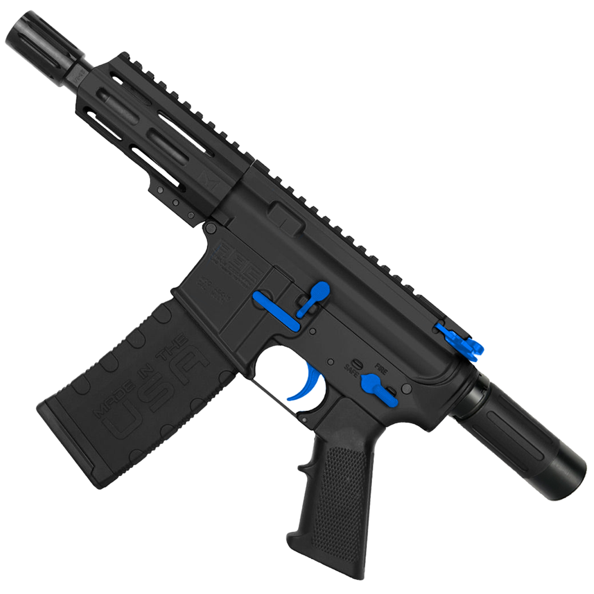 AR15 Two-Tone Micro .300 Blackout Pistol 5" Barrel 4" M-Lok Handguard w/ Micro Buffer Tube - Black and Flame Blue