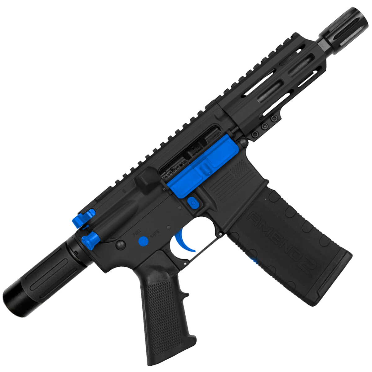 AR15 Two-Tone Micro .300 Blackout Pistol 5" Barrel 4" M-Lok Handguard w/ Micro Buffer Tube - Black and Flame Blue