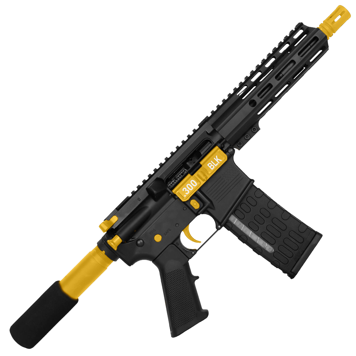 AR-15 Two-Tone Semi Auto .300 AAC Blackout Pistol 7.5" Barrel 7" Custom MLOK Handguard - Black and Gold