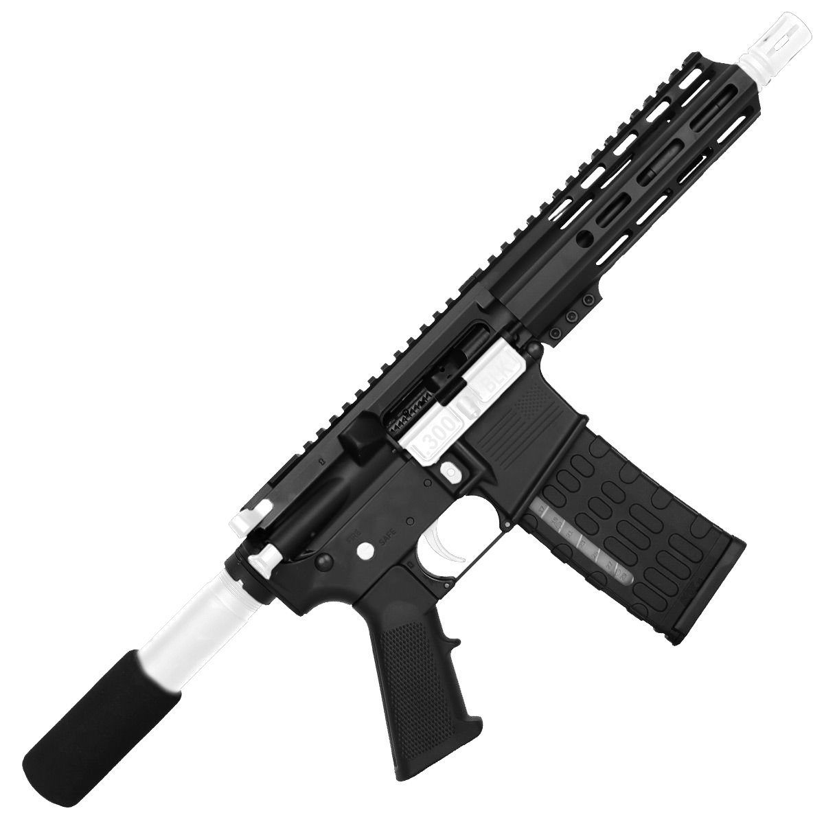 AR-15 Two-Tone Semi Auto .300 AAC Blackout Pistol 7.5" Barrel 7" Custom MLOK Handguard - Black and White