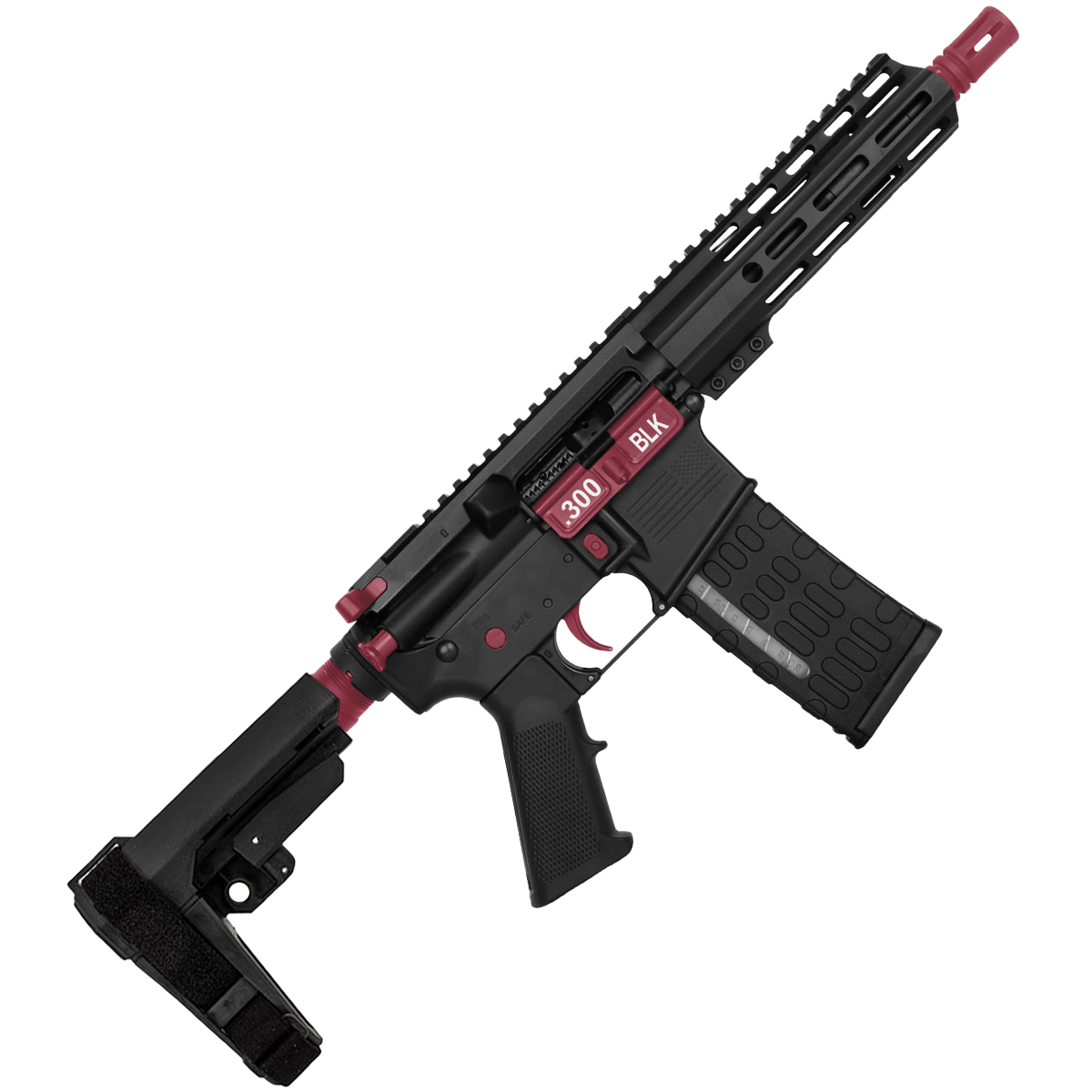 AR-15 Two-Tone Semi Auto .300 AAC Blackout Pistol 7.5" Barrel 7" Custom MLOK Handguard - Black and Cranberry Frost