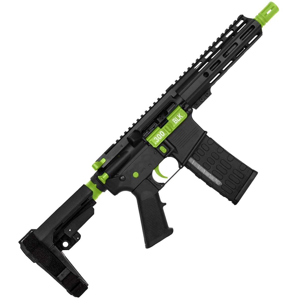 AR-15 Two-Tone Semi Auto .300 AAC Blackout Pistol 7.5" Barrel 7" Custom MLOK Handguard - Black and Zombie Green