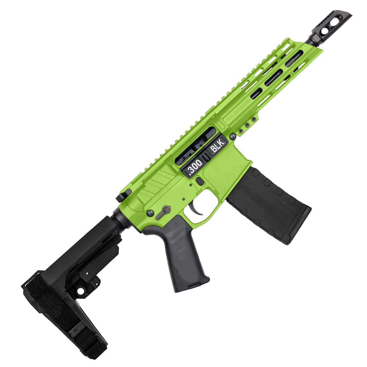 AR15 .300 AAC Blackout Pistol Billet Upper/ Lower 7" Barrel 7" Custom Slanted M-Lok Handguard - Zombie Green