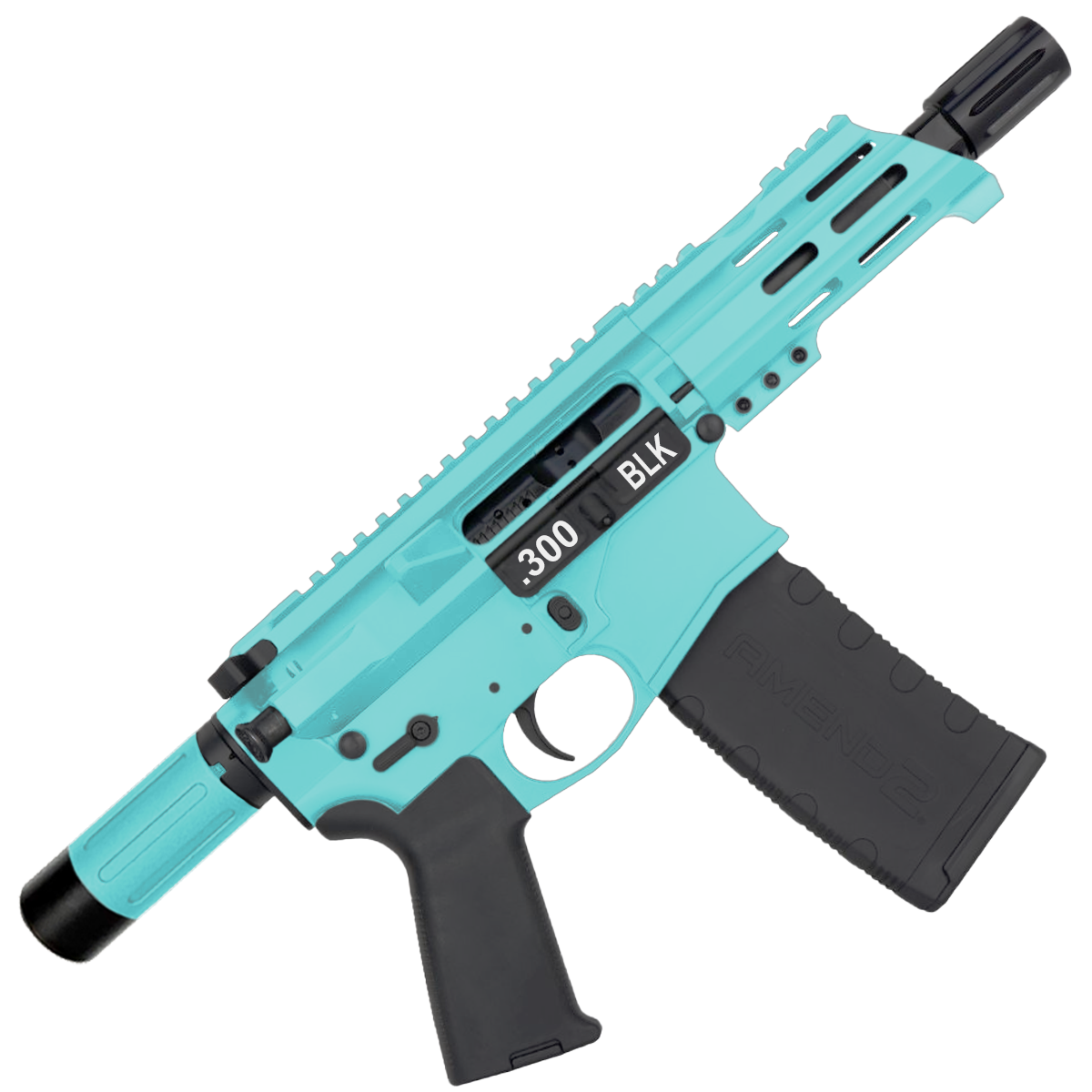 AR15 Micro .300 BLK Pistol Billet Upper/ Lower 5" Barrel Custom M-Lok Handguard with Micro Buffer Tube - Robins Egg Blue