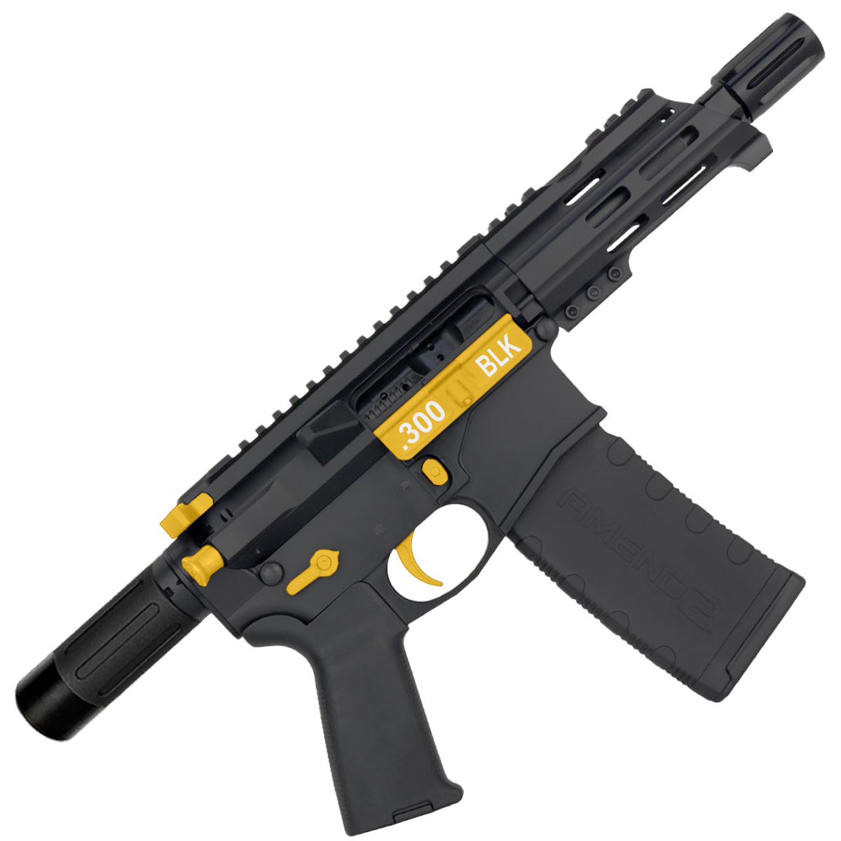 AR15 Two-Tone Micro .300 BLK Pistol Billet Upper/ Lower 5" Barrel Custom M-Lok Handguard with Micro Buffer Tube - Black and Gold