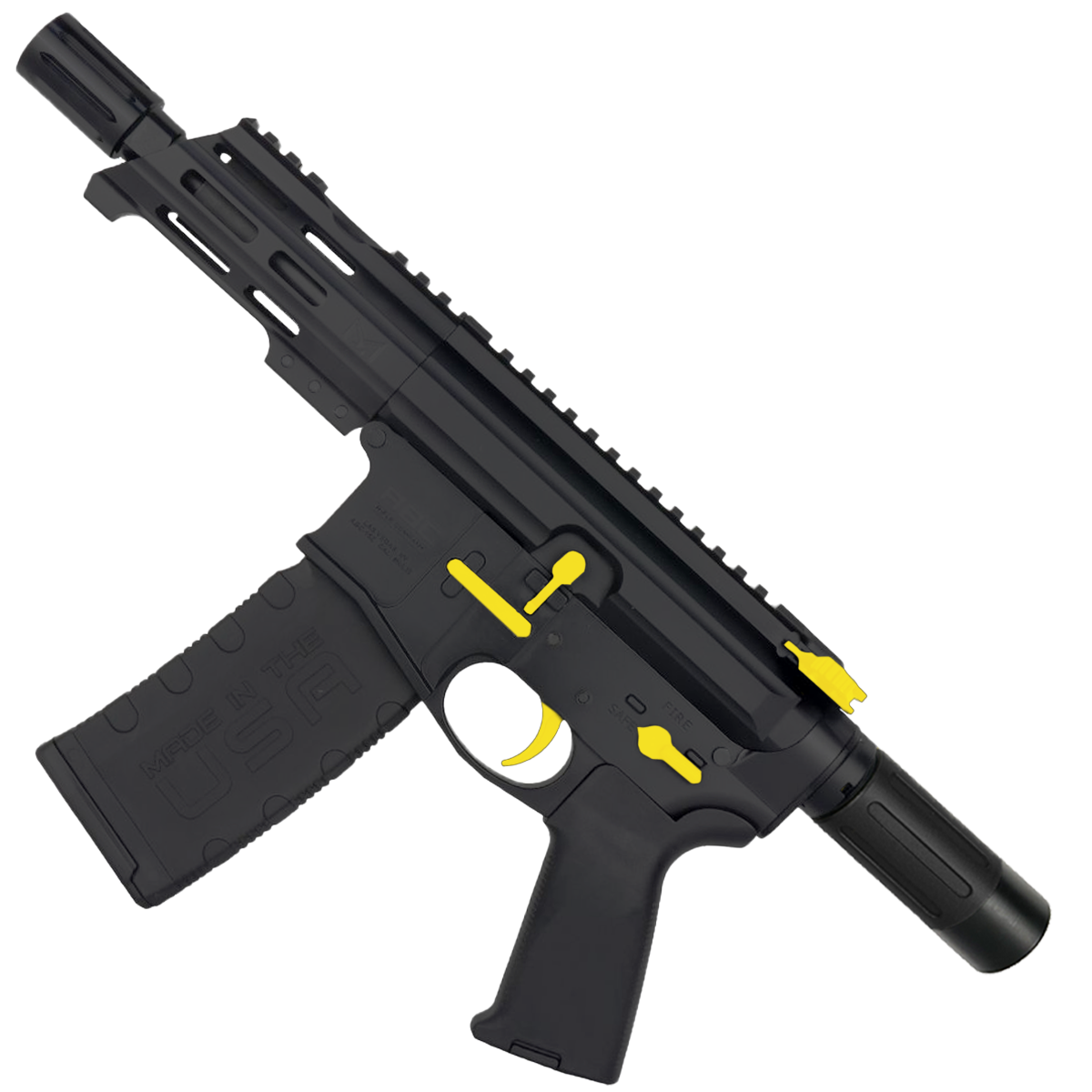 AR15 Two-Tone Micro .300 BLK Pistol Billet Upper/ Lower 5" Barrel Custom M-Lok Handguard with Micro Buffer Tube - Black and Lemon Zest