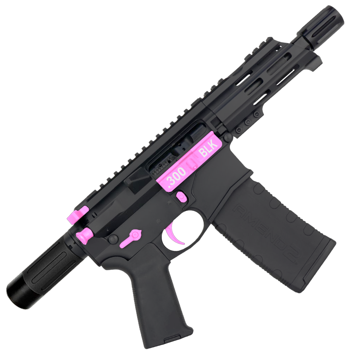 AR15 Two-Tone Micro .300 BLK Pistol Billet Upper/ Lower 5" Barrel Custom M-Lok Handguard with Micro Buffer Tube - Black and Sig Pink
