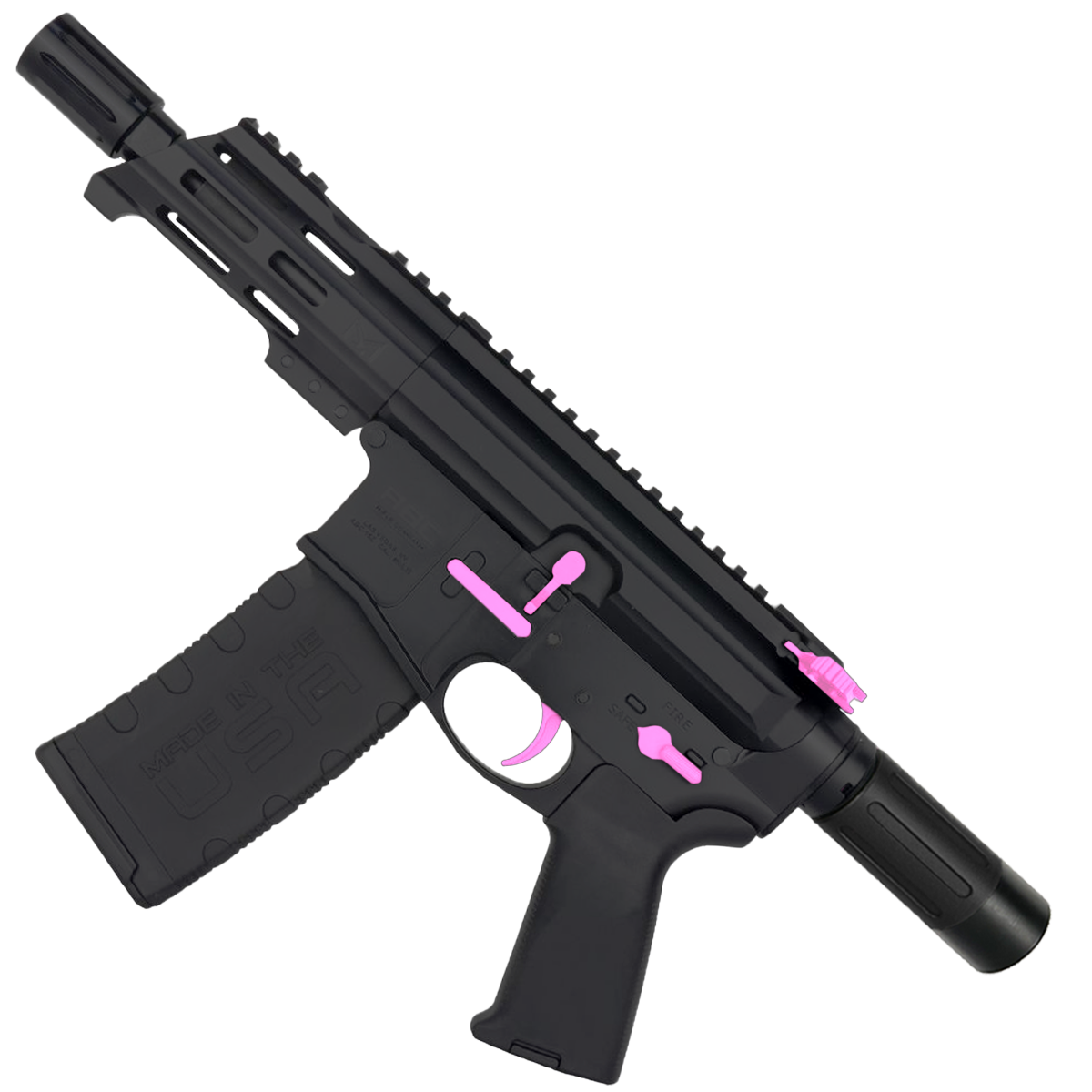 AR15 Two-Tone Micro .300 BLK Pistol Billet Upper/ Lower 5" Barrel Custom M-Lok Handguard with Micro Buffer Tube - Black and Sig Pink