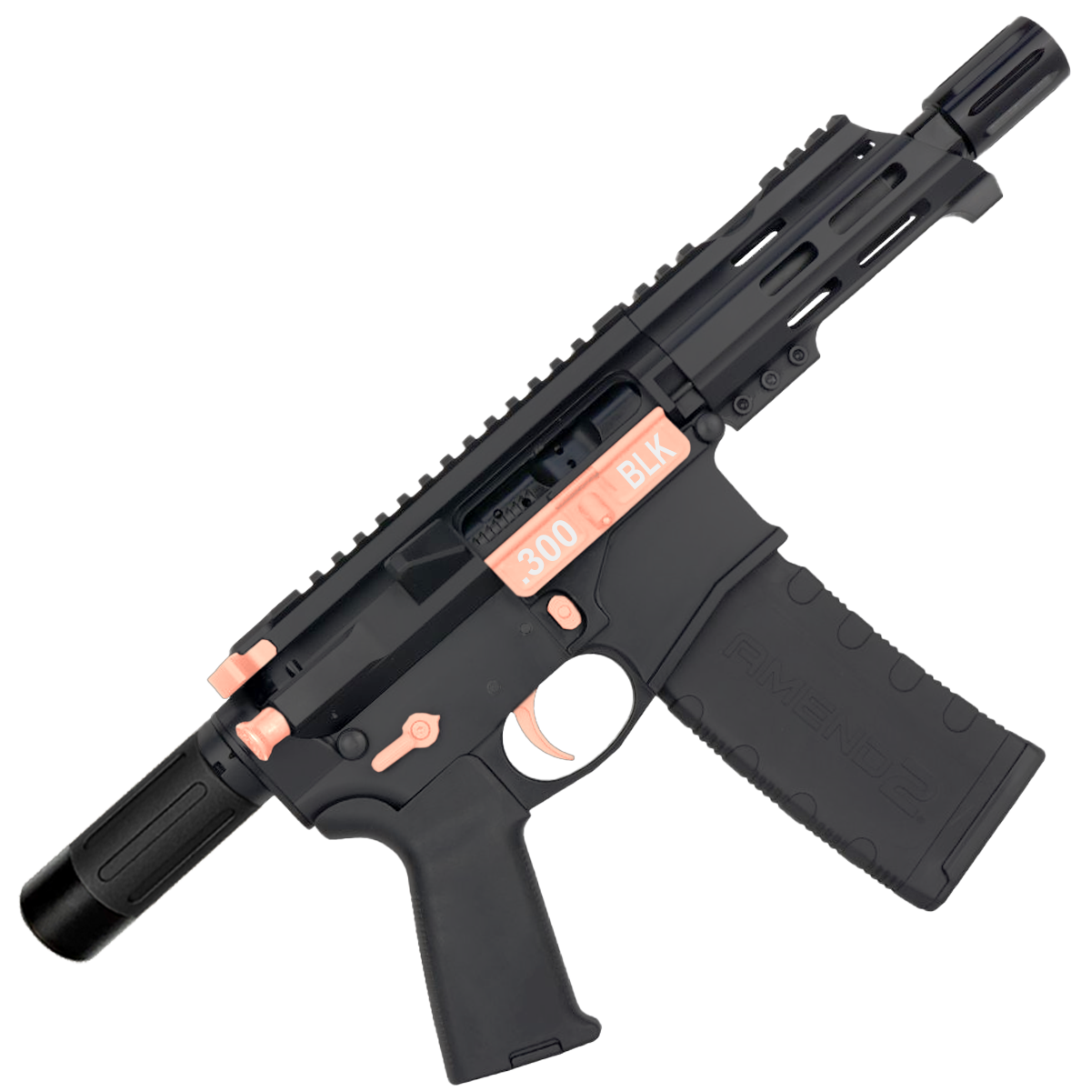 AR15 Two-Tone Micro .300 BLK Pistol Billet Upper/ Lower 5" Barrel Custom M-Lok Handguard with Micro Buffer Tube - Black and Rose Gold