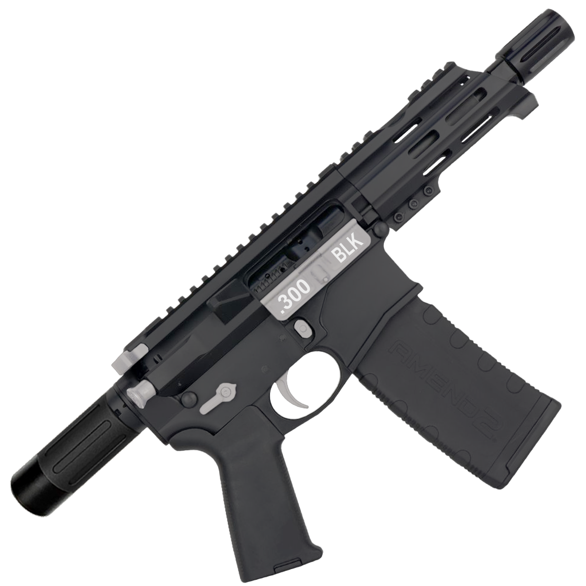 AR15 Two-Tone Micro .300 BLK Pistol Billet Upper/ Lower 5" Barrel Custom M-Lok Handguard with Micro Buffer Tube - Black and Glacier Silver