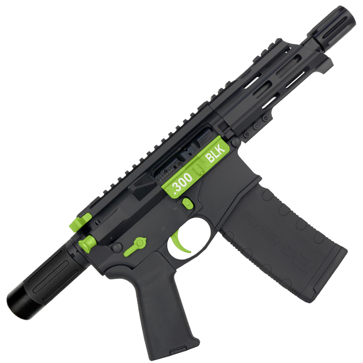 AR15 Two-Tone Micro .300 BLK Pistol Billet Upper/ Lower 5" Barrel Custom M-Lok Handguard with Micro Buffer Tube - Black and Zombie Green