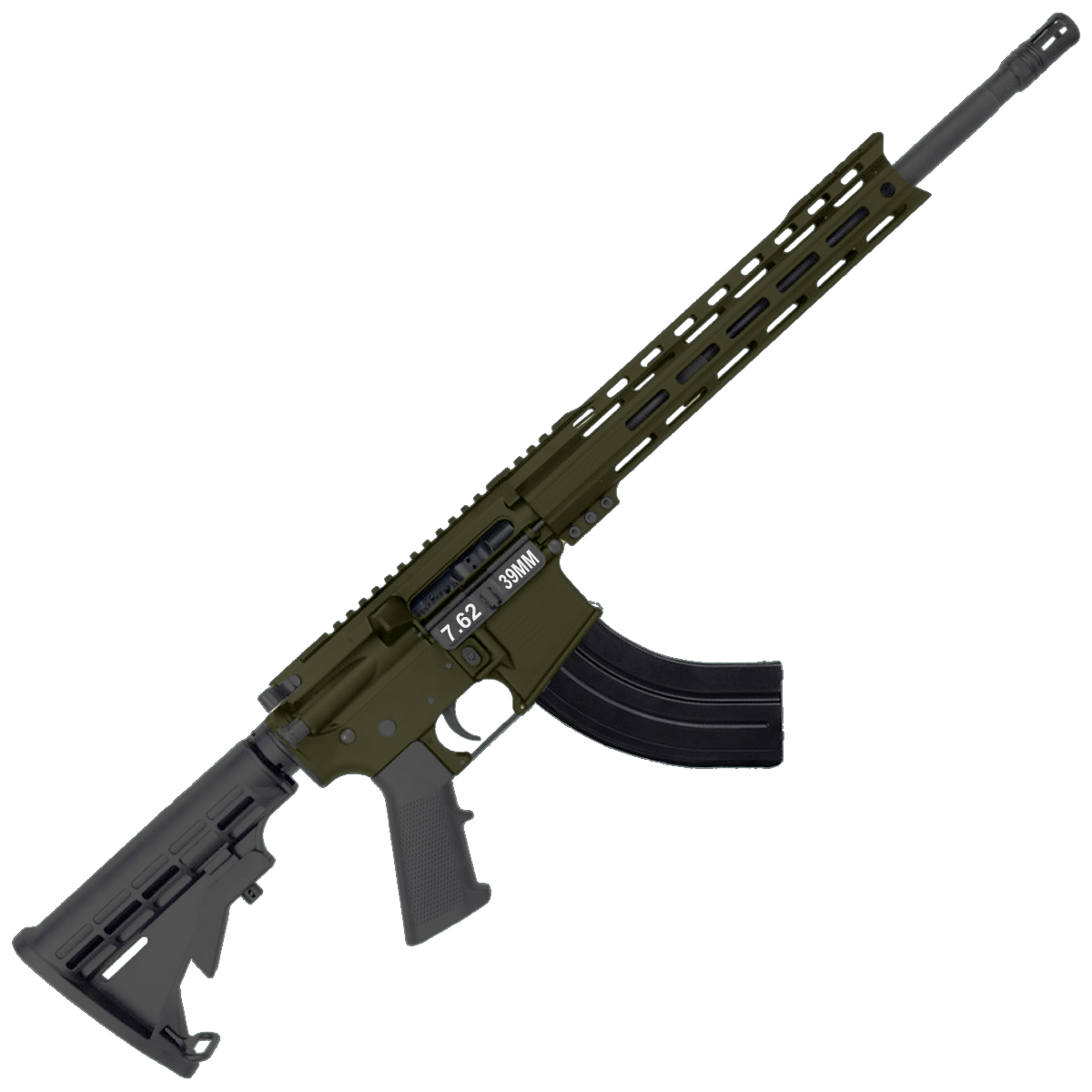 AR-15 7.62x39 Rifle 16" Barrel M4 Stock 12" Custom Hybrid Slim MLOK - Magpul ODG