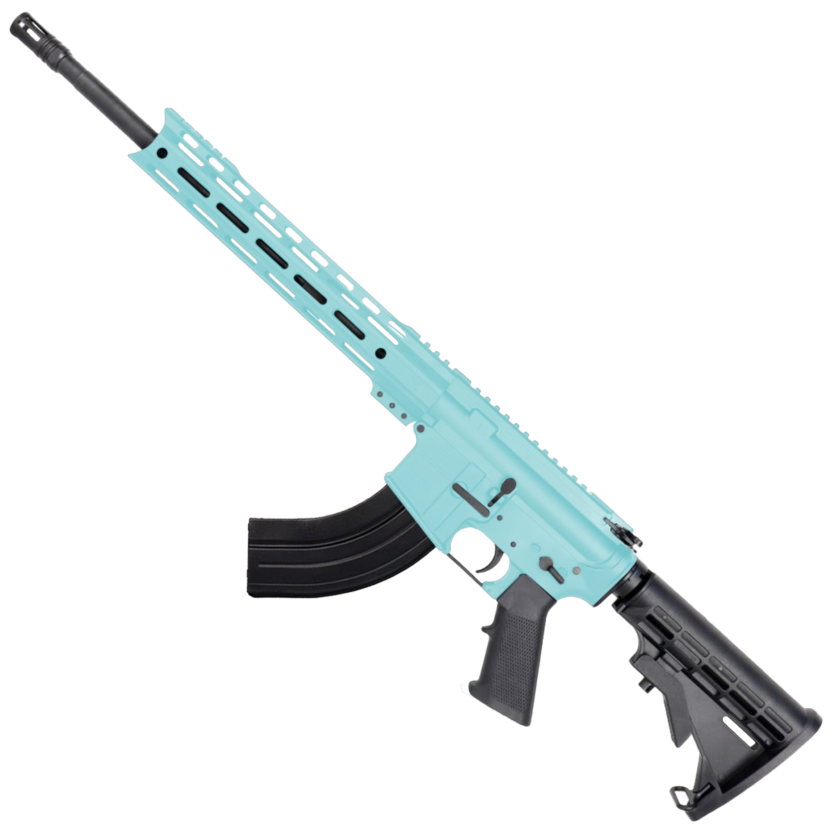 AR-15 7.62x39 Rifle 16" Barrel M4 Stock 12" Custom Hybrid Slim MLOK - Robins Egg Blue