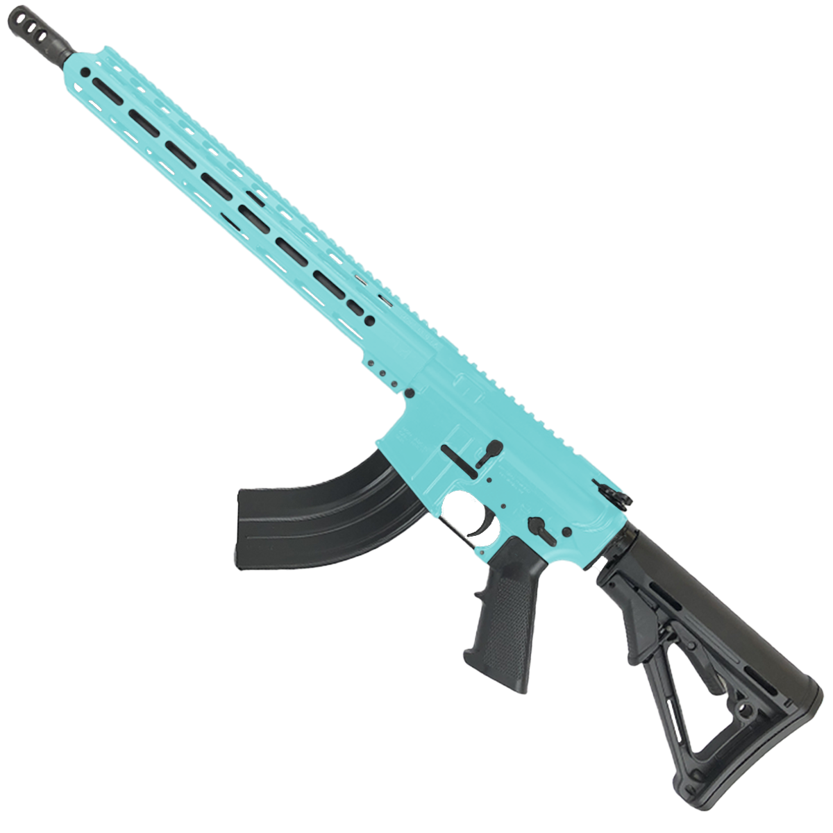 American Built Custom Semi Auto AR-15 7.62X39 MM Rifle 16" Barrel Adjustable Stock 15" Custom M-LOK Handguard - Robins Egg Blue