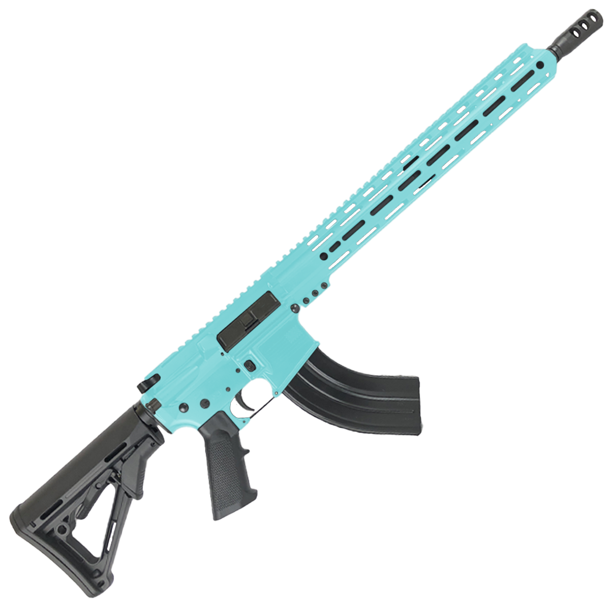 American Built Custom Semi Auto AR-15 7.62X39 MM Rifle 16" Barrel Adjustable Stock 15" Custom M-LOK Handguard - Robins Egg Blue