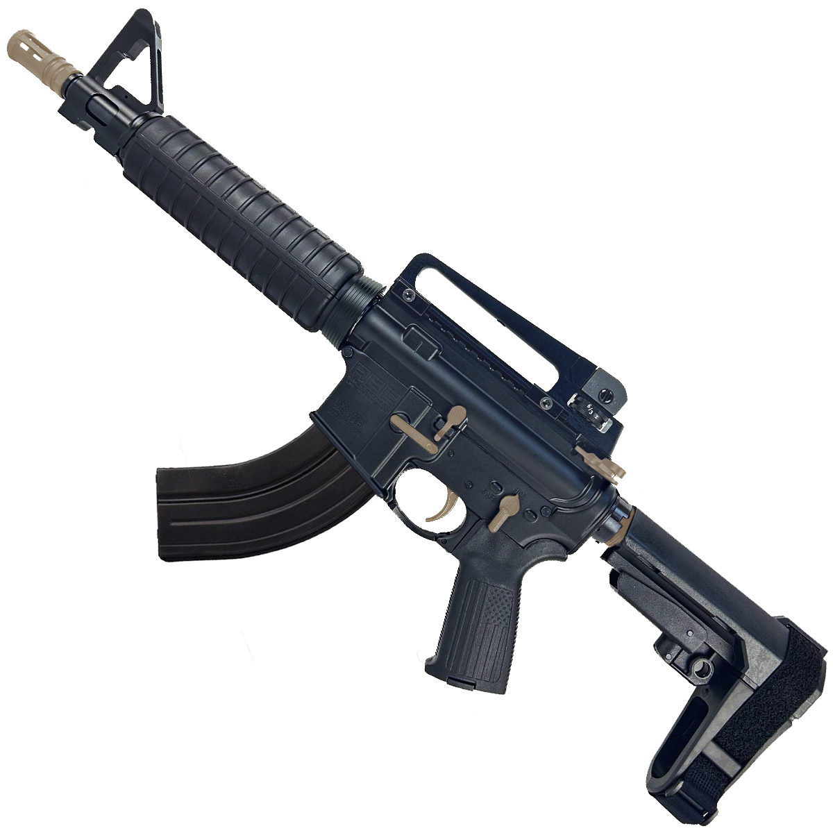 AR-15 Two-Tone A2 Style Semi Auto 7.62x39MM Pistol 10" Barrel w/ Custom FSB - Black and FDE