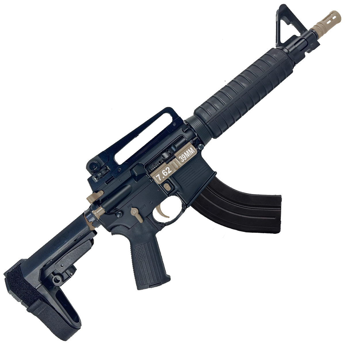 AR-15 Two-Tone A2 Style Semi Auto 7.62x39MM Pistol 10" Barrel w/ Custom FSB - Black and FDE