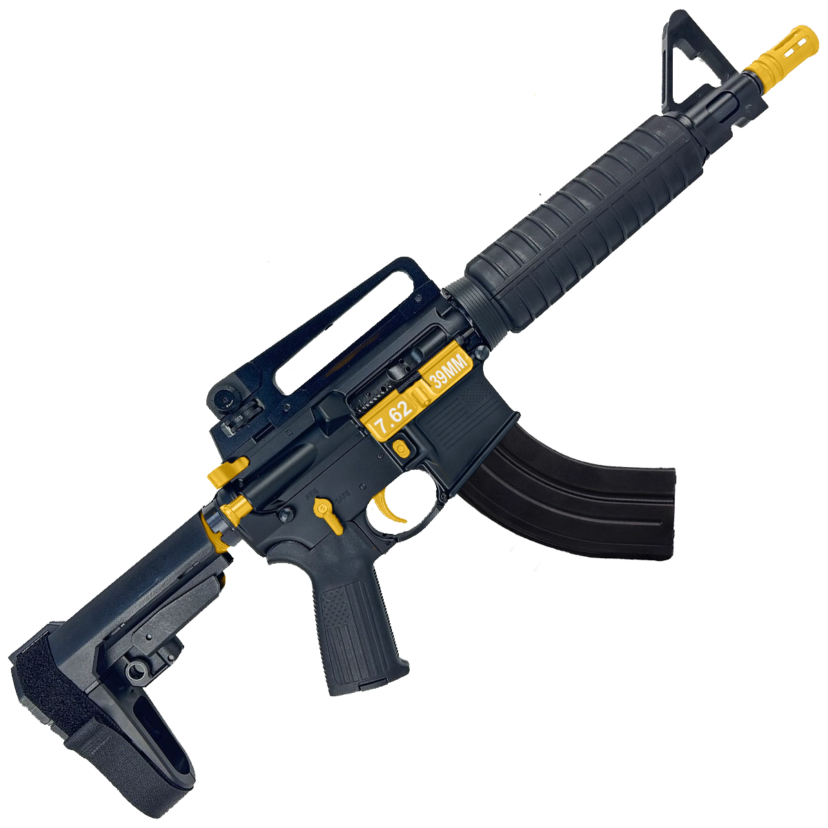 AR-15 Two-Tone A2 Style Semi Auto 7.62x39MM Pistol 10" Barrel w/ Custom FSB - Black and Gold