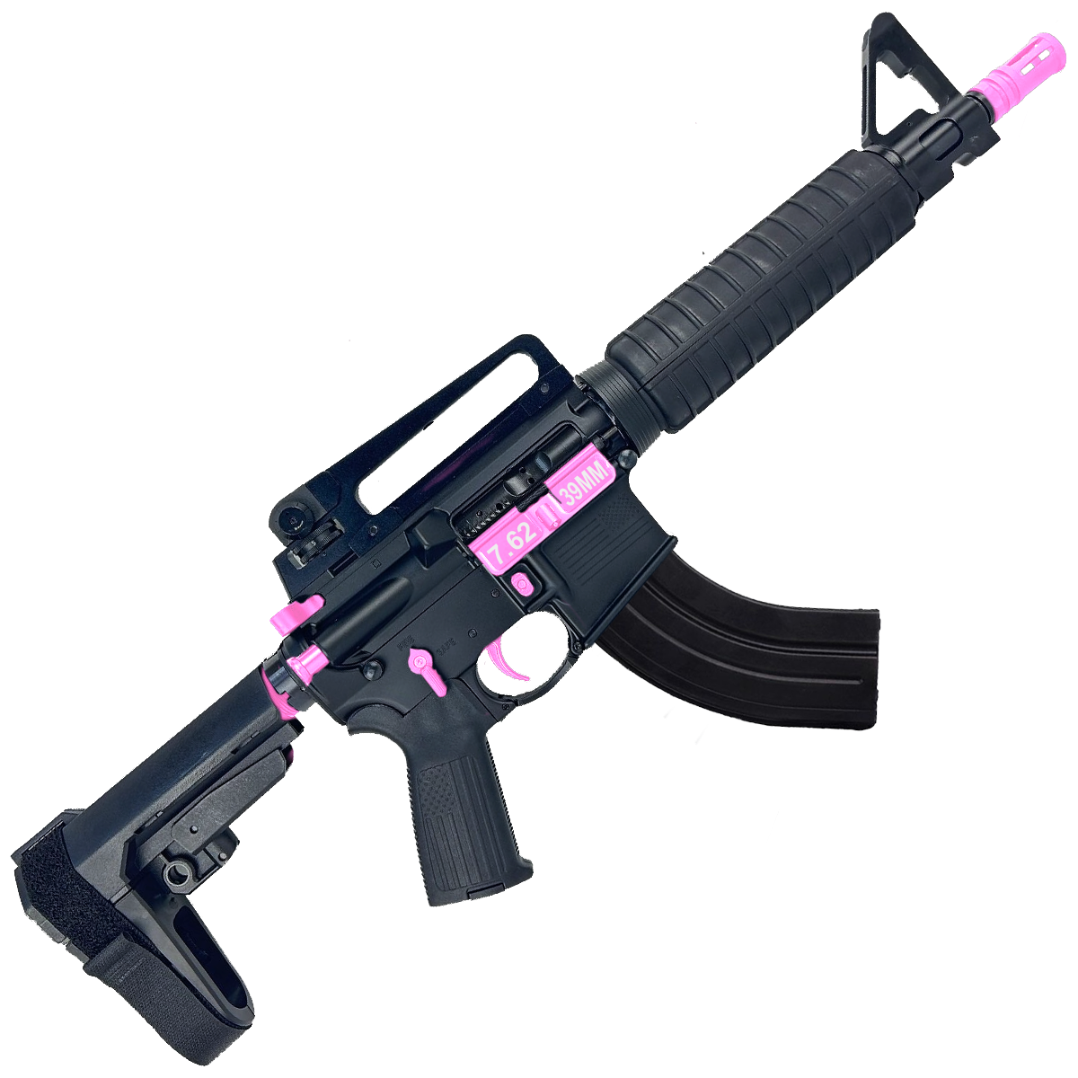 AR-15 Two-Tone A2 Style Semi Auto 7.62x39MM Pistol 10" Barrel w/ Custom FSB - Black and Sig Pink