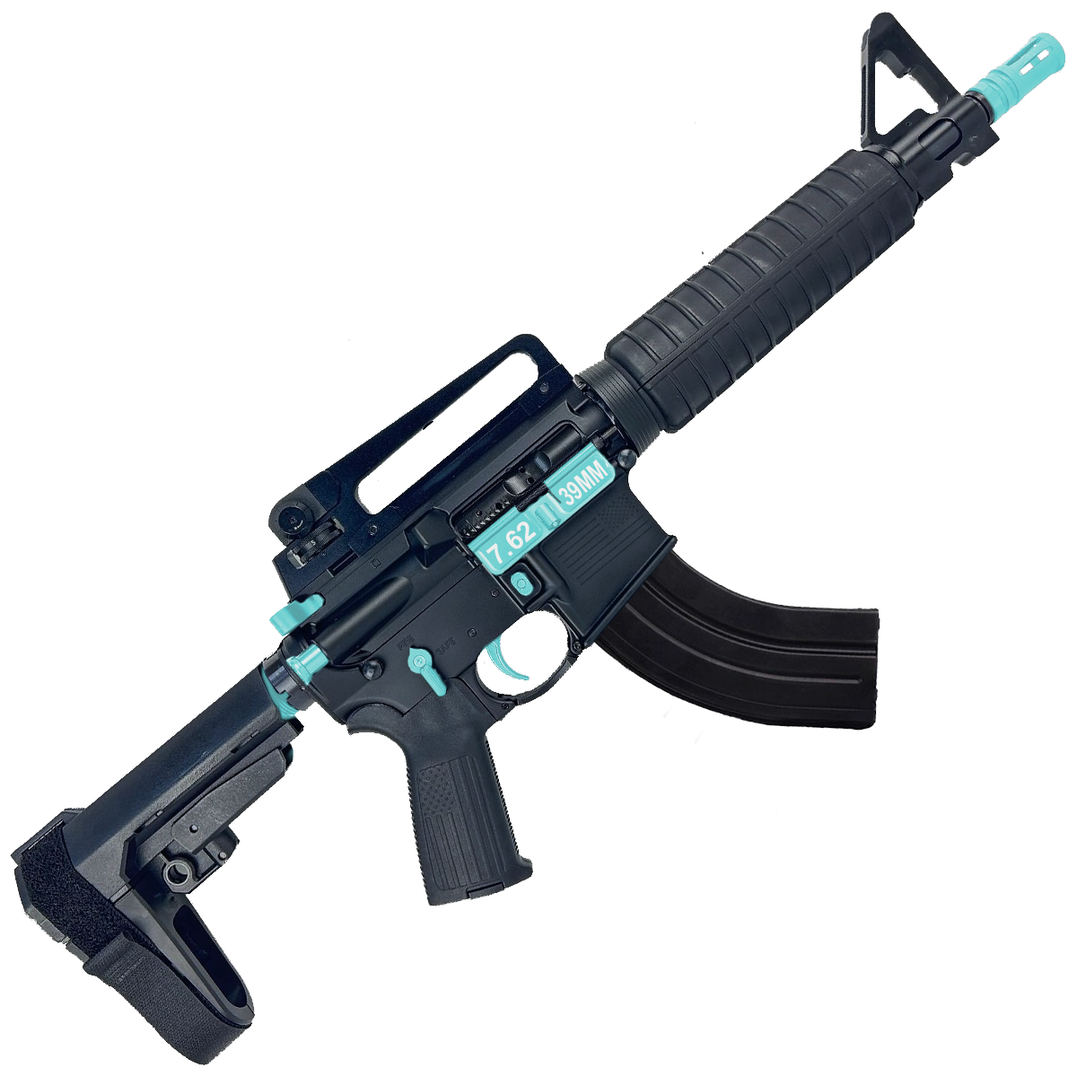 AR-15 Two-Tone A2 Style Semi Auto 7.62x39MM Pistol 10" Barrel w/ Custom FSB - Black and Robins Egg Blue