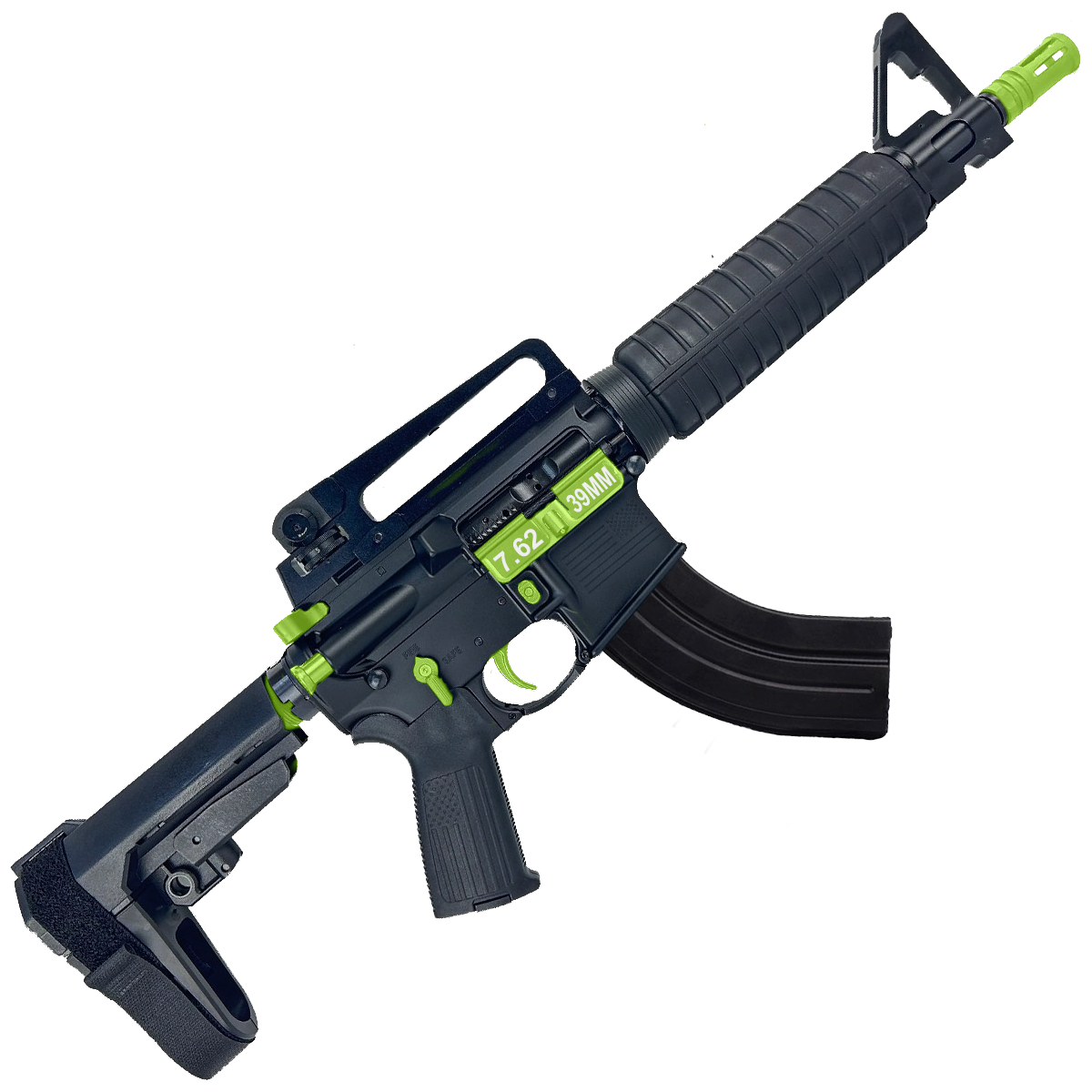AR-15 Two-Tone A2 Style Semi Auto 7.62x39MM Pistol 10" Barrel w/ Custom FSB - Black and Zombie Green