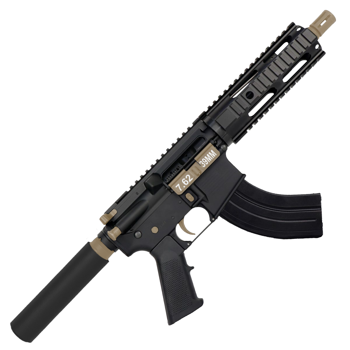 AR 7.62x39 Two-Tone Semi Auto Tactical Pistol 7.5" Barrel 7" Free Float Quad Rail - Black and Magpul FDE